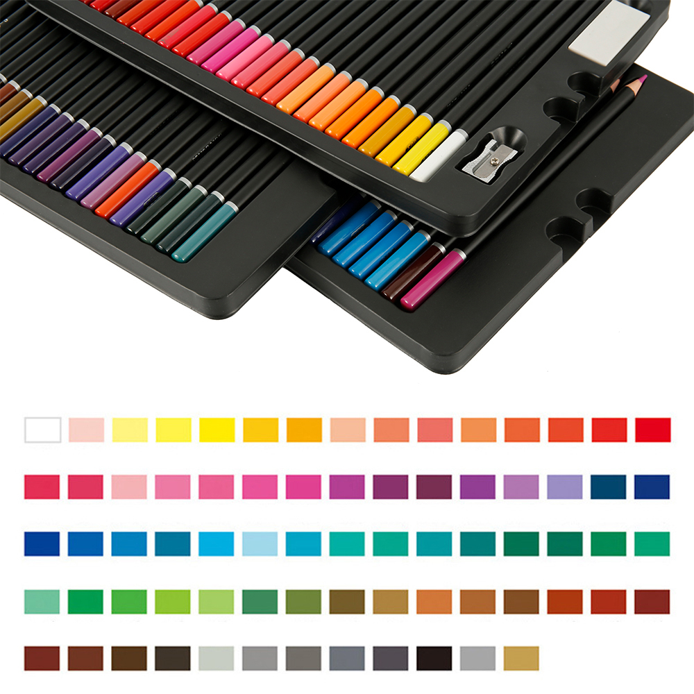 Un juego de lápices de colores en bandejas negras. Los lápices están ordenados por color. Abajo, una paleta de colores muestra cada color.