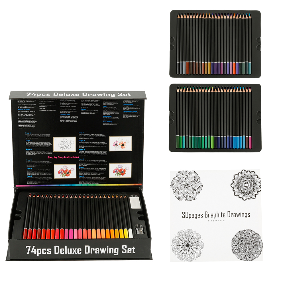 Set de dibujo con lápices e instrucciones. Contiene lápices, papel de dibujo con mandalas e instrucciones paso a paso. Se ven lápices de colores.