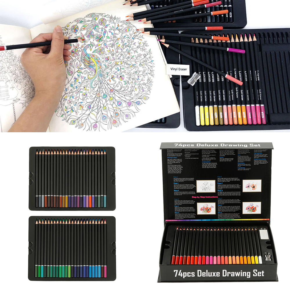 Una mano coloreando un dibujo de pavo real con lápices de colores. Se muestran juegos de lápices, con una caja de juego de dibujo en el fondo.