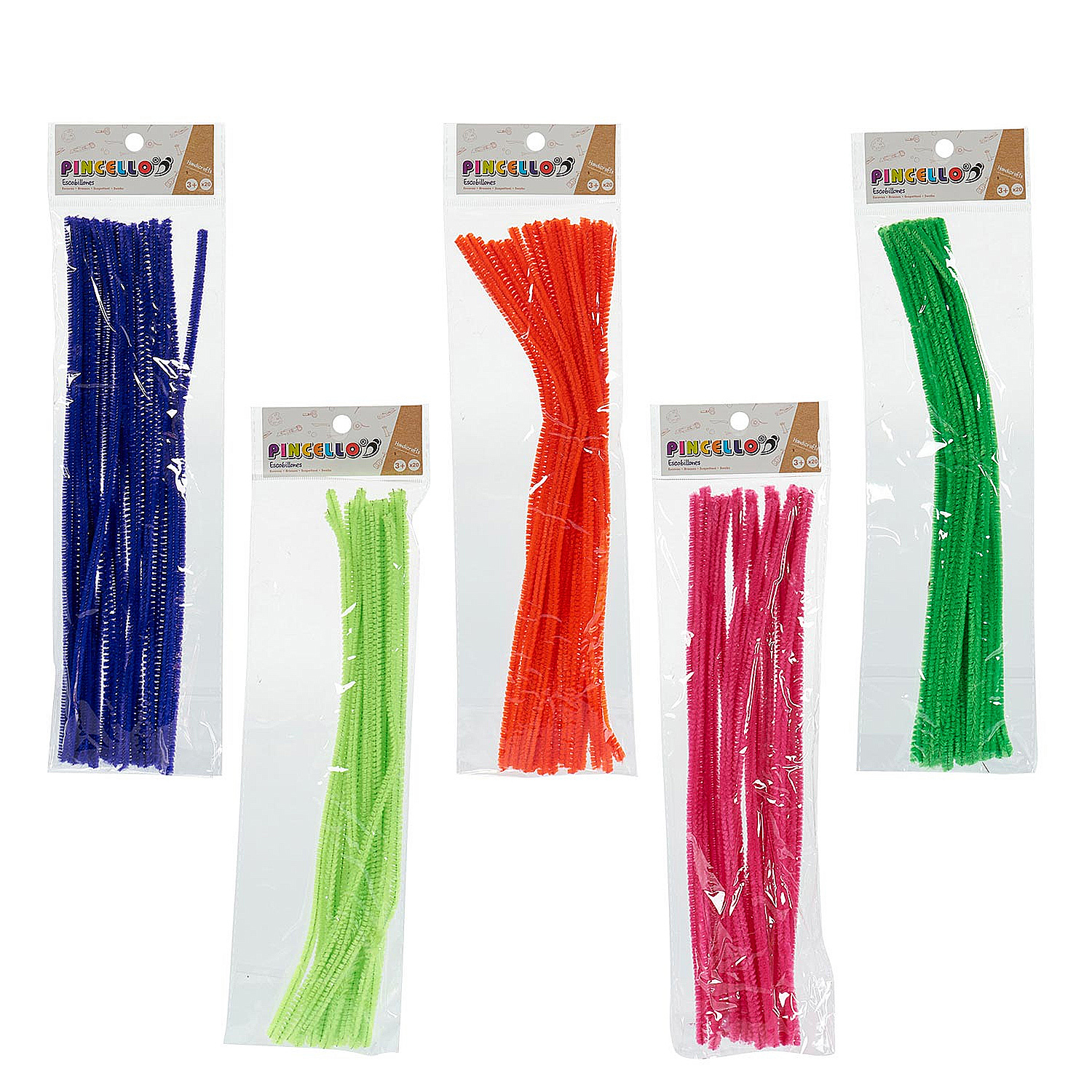 Cinco paquetes de limpiapipas coloridos. Los paquetes azules, naranjas, verdes y rosas se muestran sobre un fondo blanco.