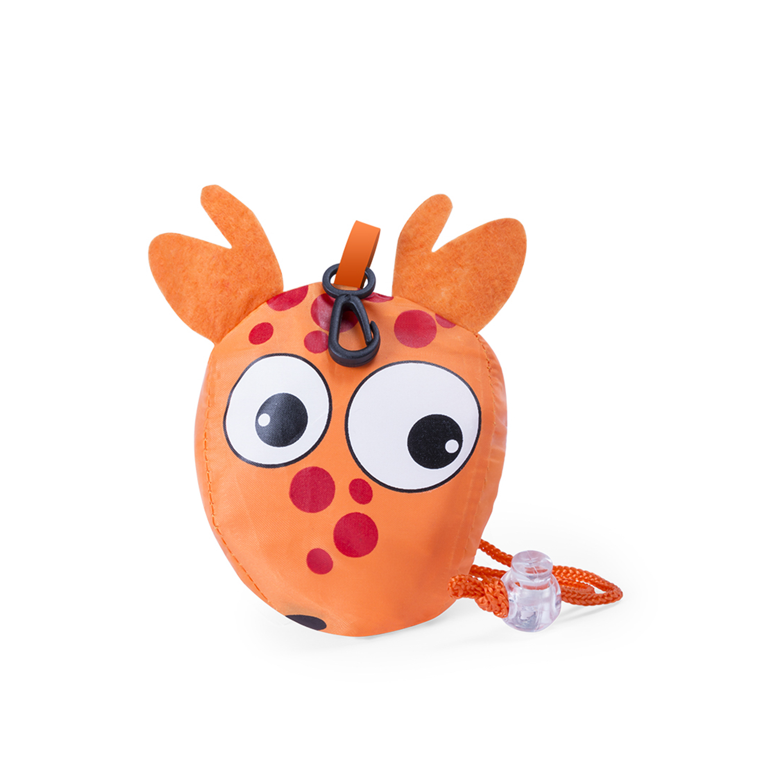 Una borsa arancione a forma di mostro dei cartoni animati con grandi occhi e macchie rosse. Ha corna arancioni e un tappo trasparente.