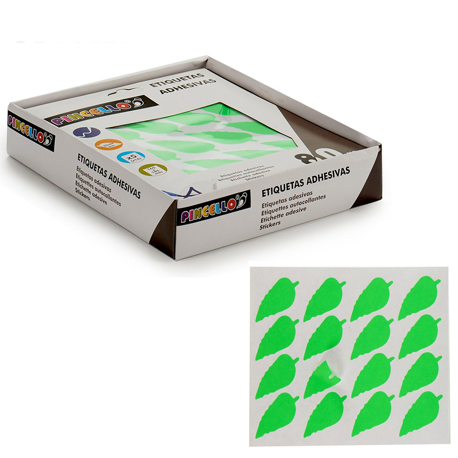 Una caja de pegatinas con forma de hojas verdes. La caja tiene texto en varios idiomas. Se muestra una hoja de pegatinas de hojas.