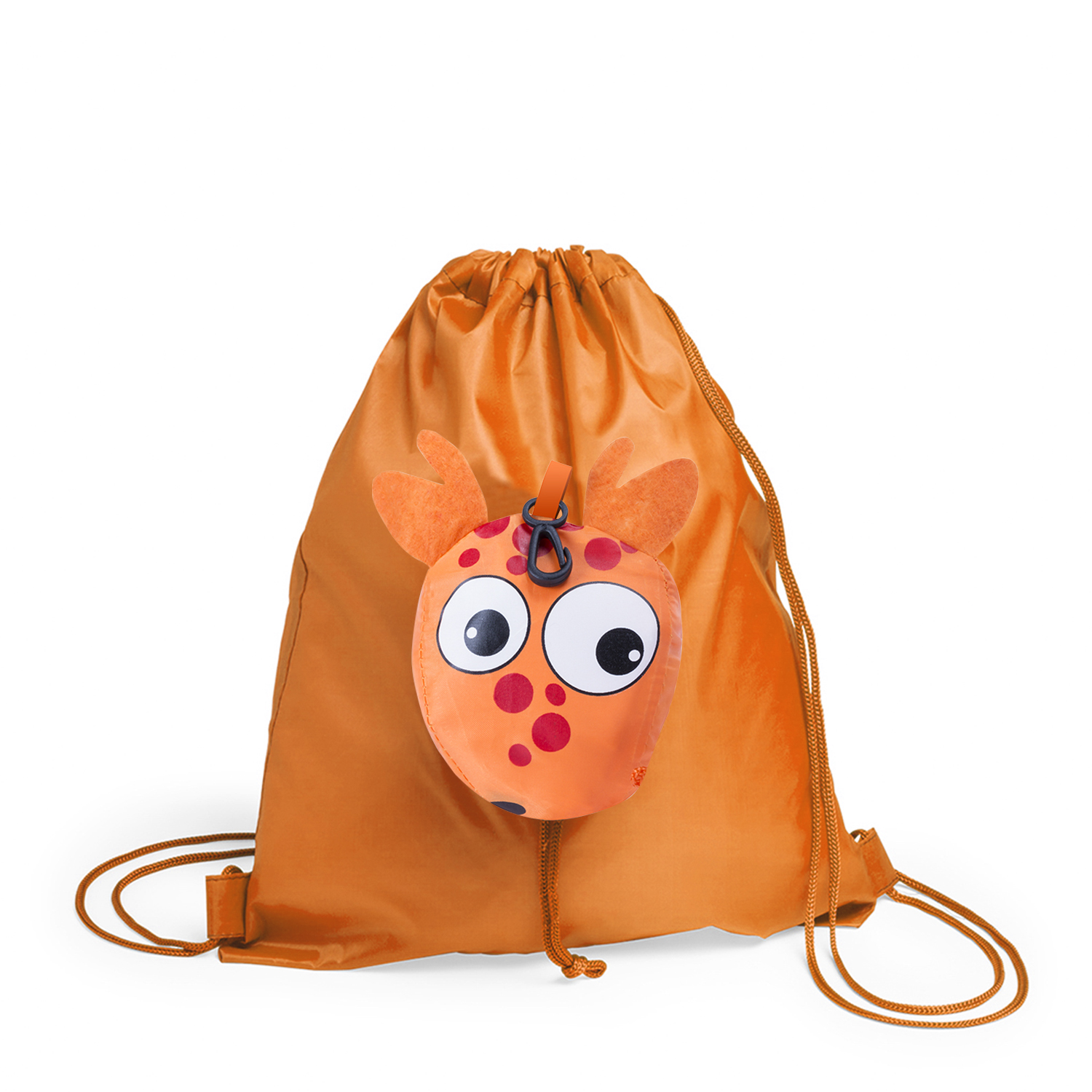 Una borsa arancione con coulisse con attaccata una faccia di mostro dei cartoni animati. Il mostro ha grandi occhi e macchie rosse. Lo sfondo è bianco.