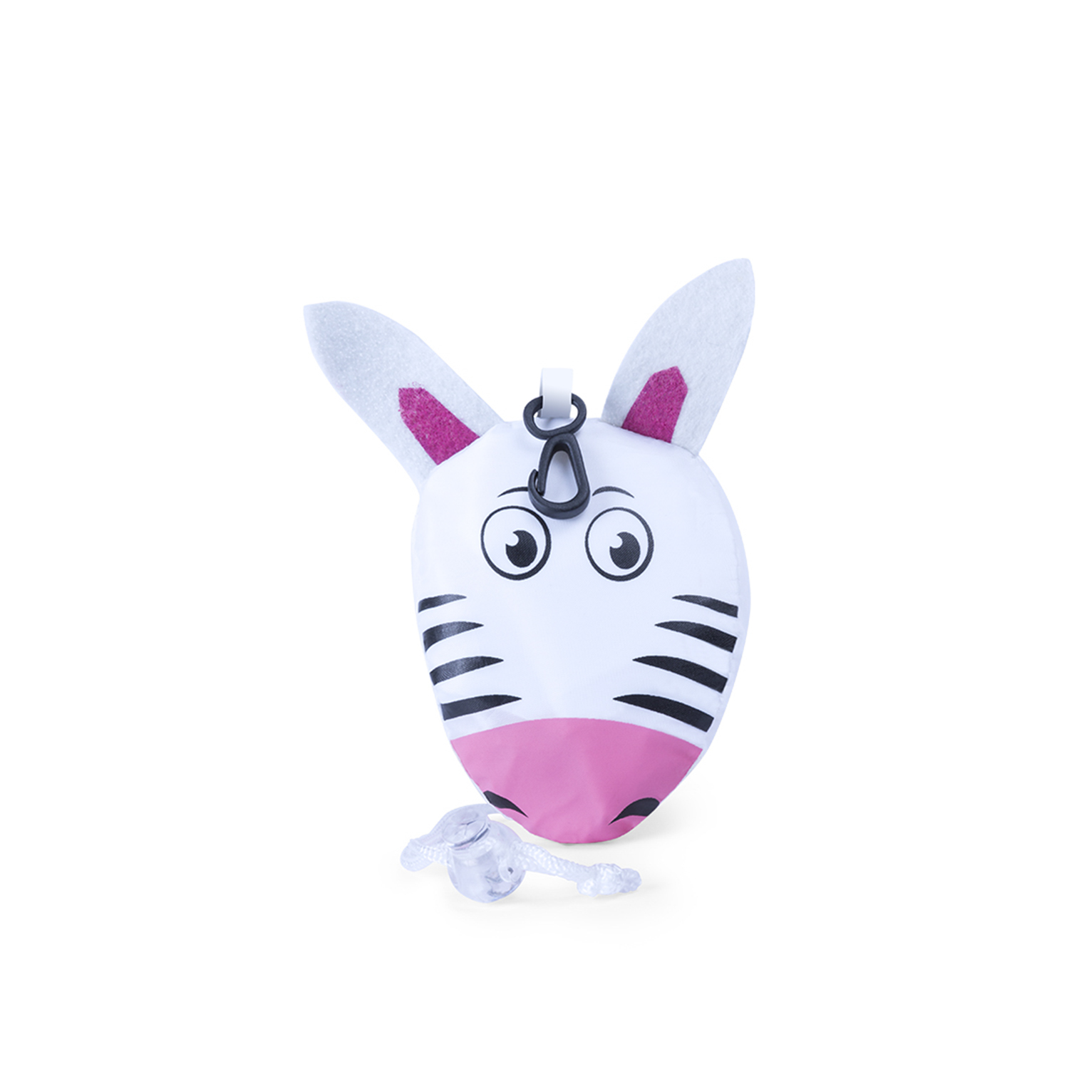 Una custodia bianca a forma di zebra con strisce nere e dettagli rosa. Ha orecchie, una clip nera e un cordino di plastica trasparente.
