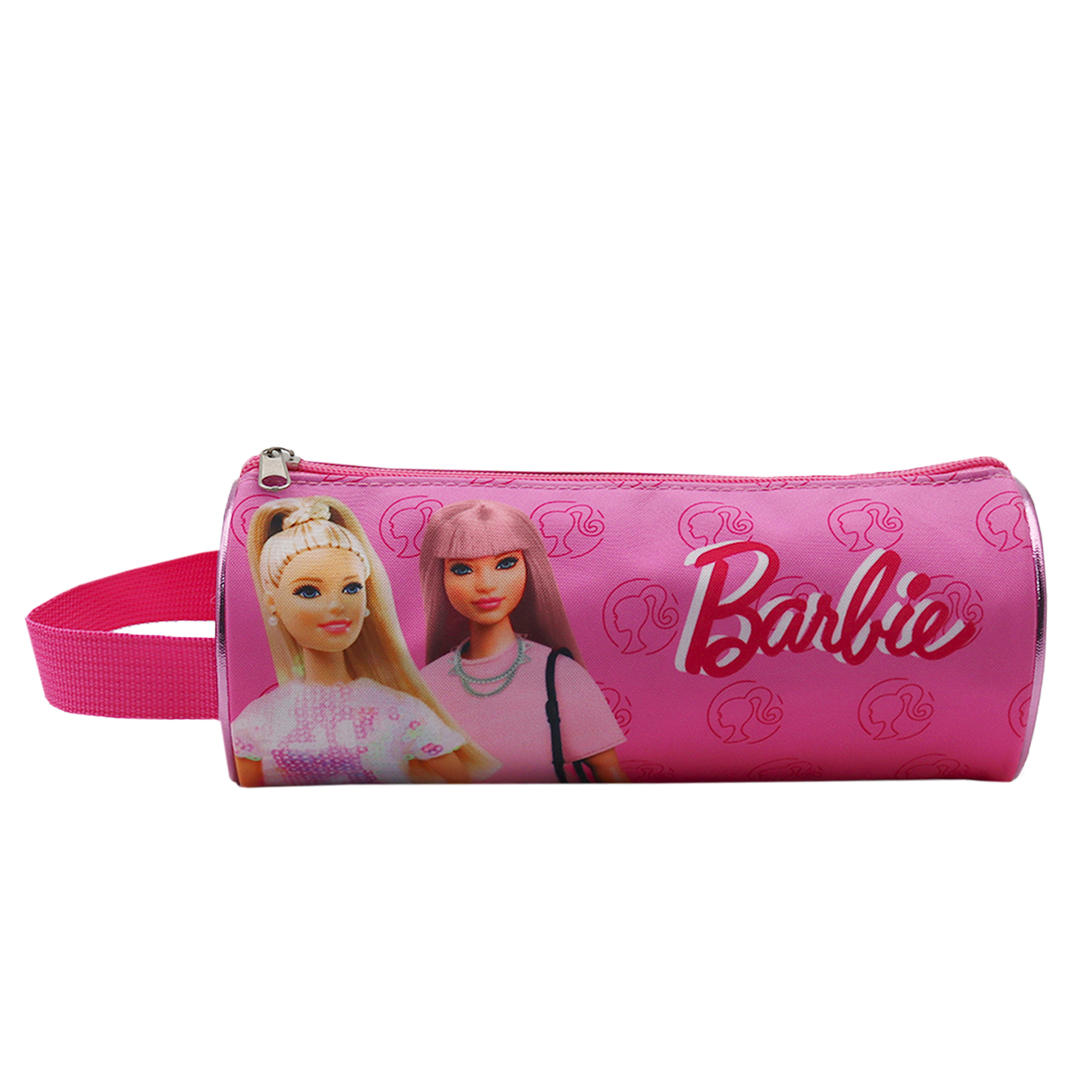 Un estuche rosa de Barbie. Tiene dos caras de Barbie y la palabra 'Barbie'. Tiene una asa rosa y una cremallera.