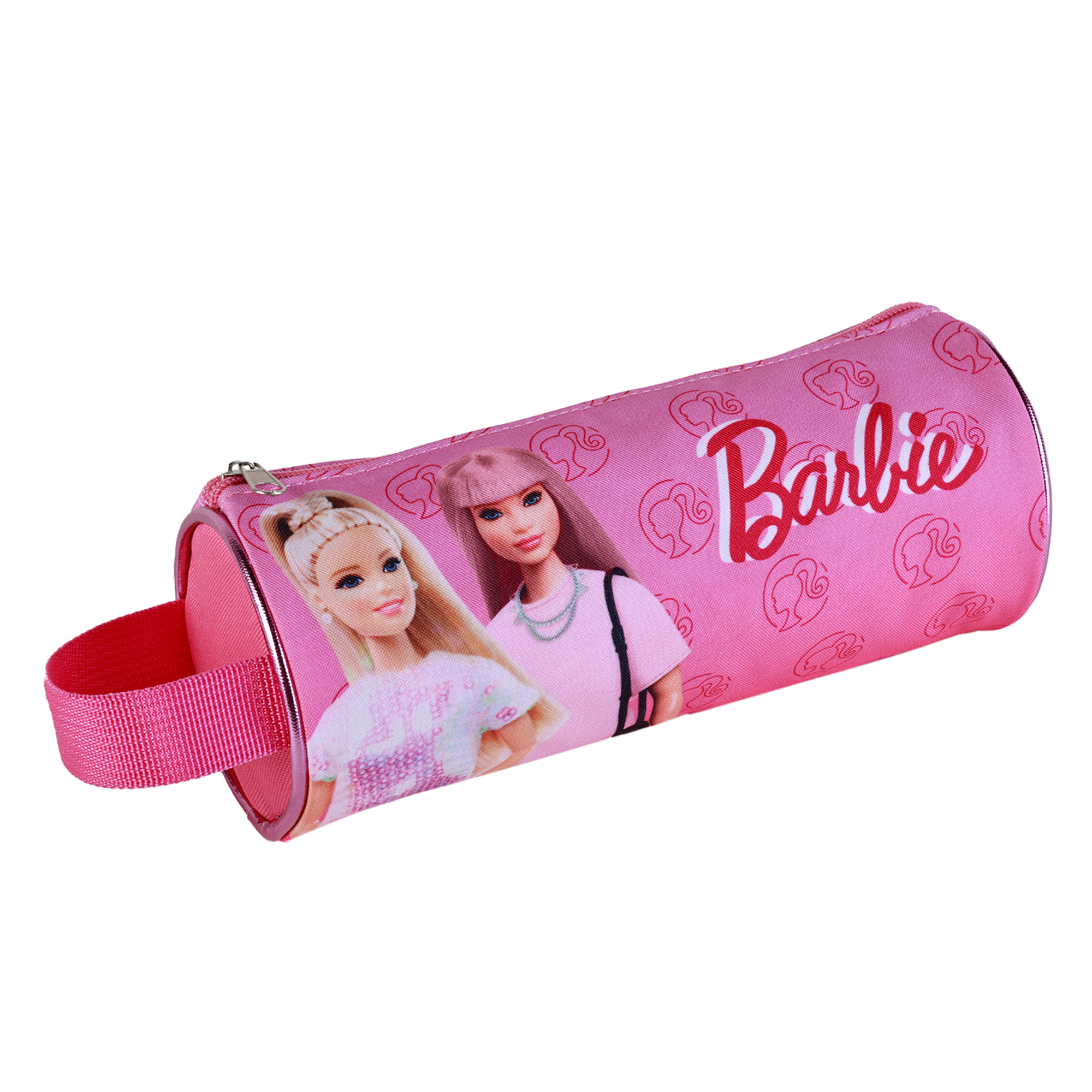 Estuche rosa de Barbie con dos imágenes de muñecas. Tiene cremallera y una correa rosa.