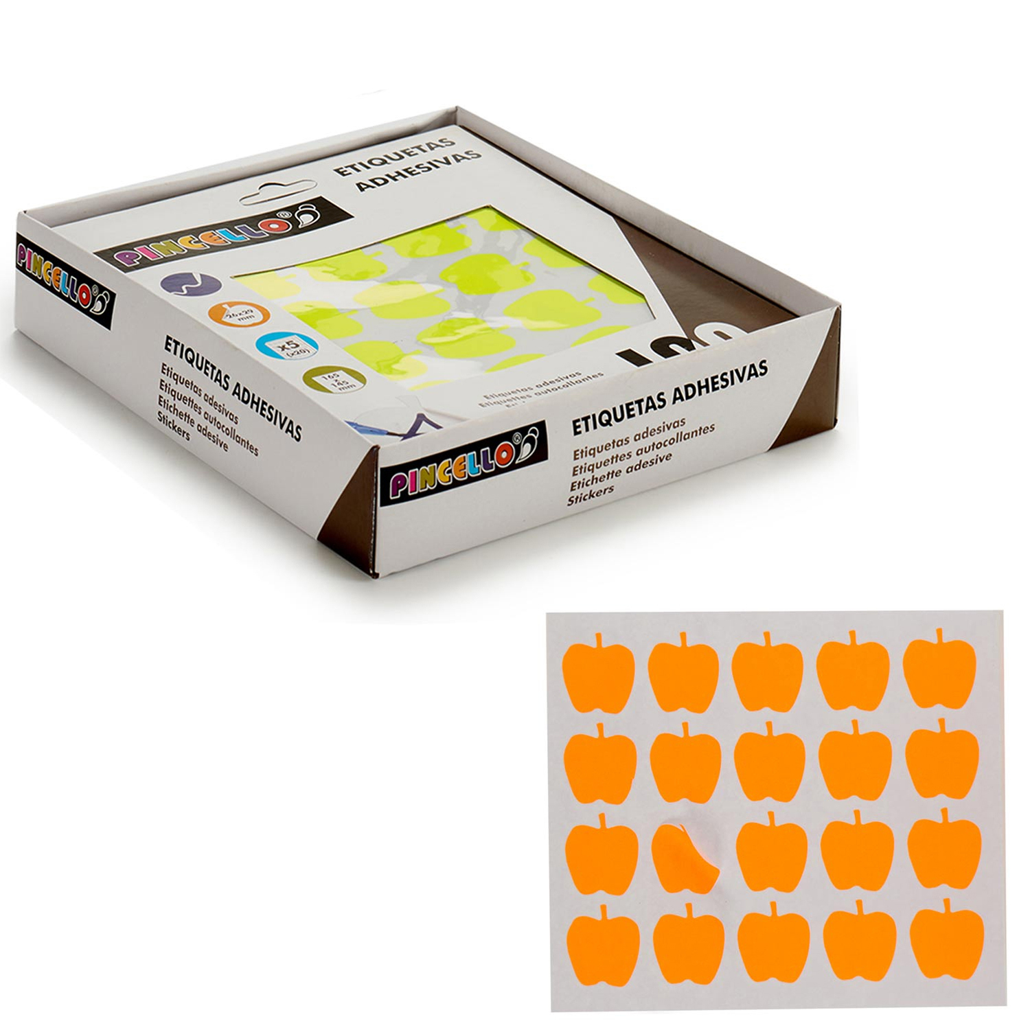 Una caja de pegatinas con forma de manzana en naranja. La caja es blanca con texto en español. Algunas pegatinas son visibles dentro.