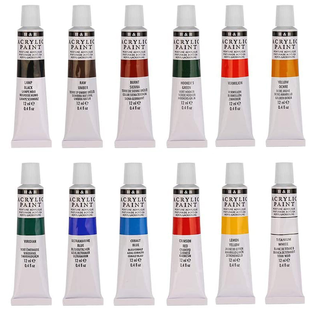 Tubos de pintura acrílica en varios colores: negro, marrón, rojo, verde, naranja, amarillo, azul y blanco.