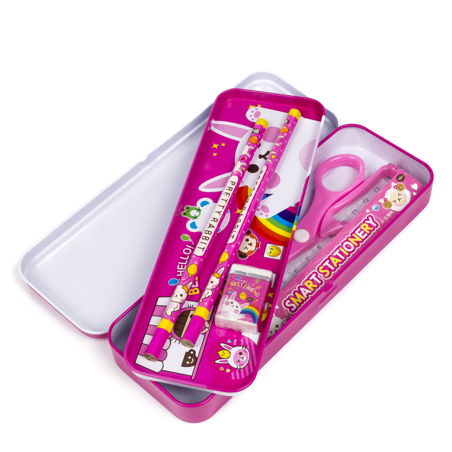 Estuche rosa con útiles escolares. Incluye lápices, borrador, tijeras y una regla. El estuche está abierto sobre un fondo blanco.