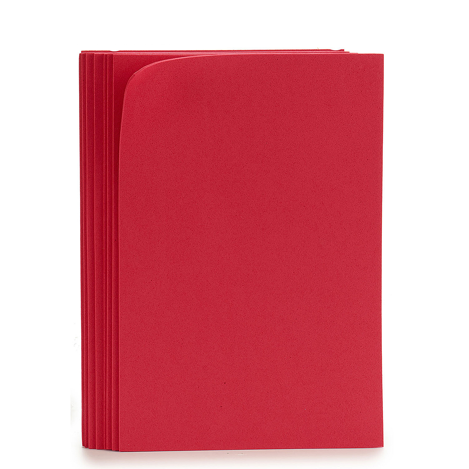 Una pila de carpetas rojas sobre un fondo blanco. Las carpetas están abiertas, revelando su interior. El color es rojo brillante.