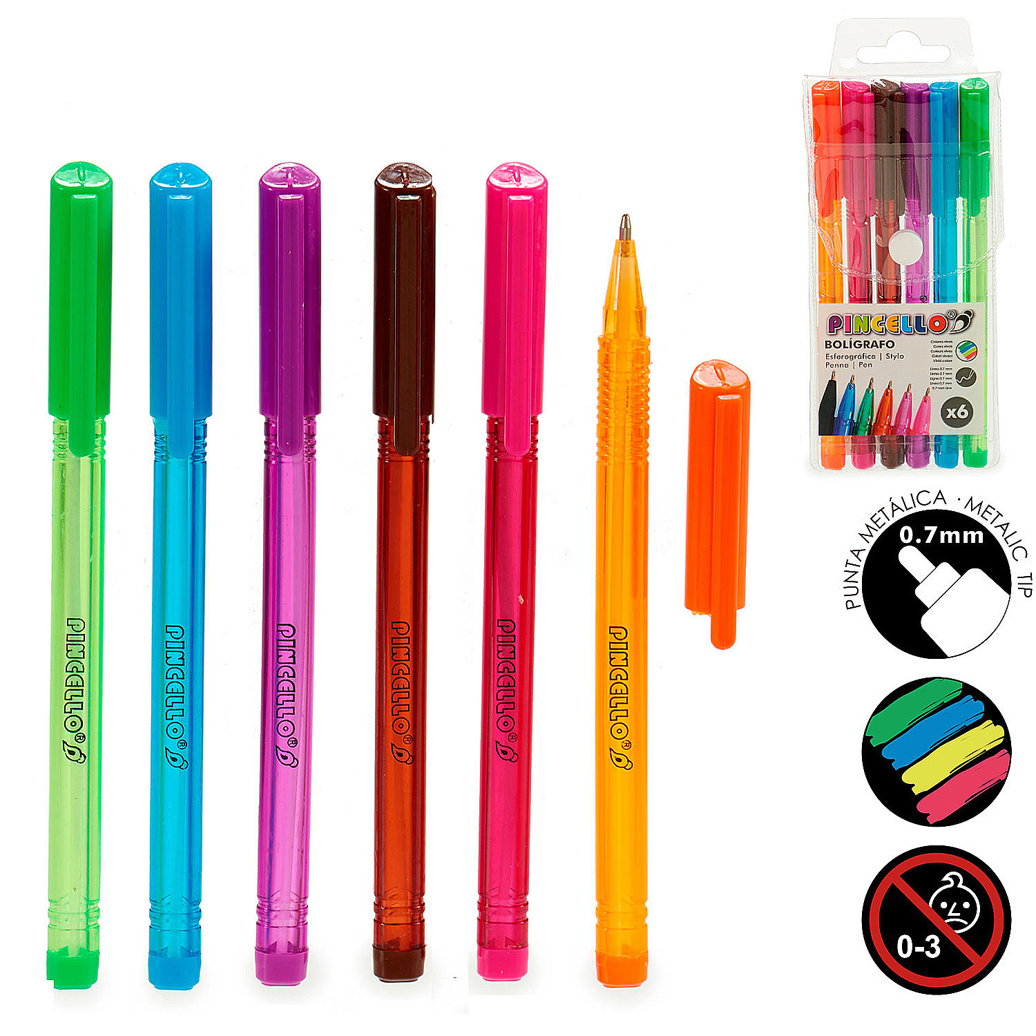 La imagen muestra bolígrafos de colores, individuales y empaquetados. Se ven bolígrafos verdes, azules, morados, marrones y naranjas, junto con el embalaje.