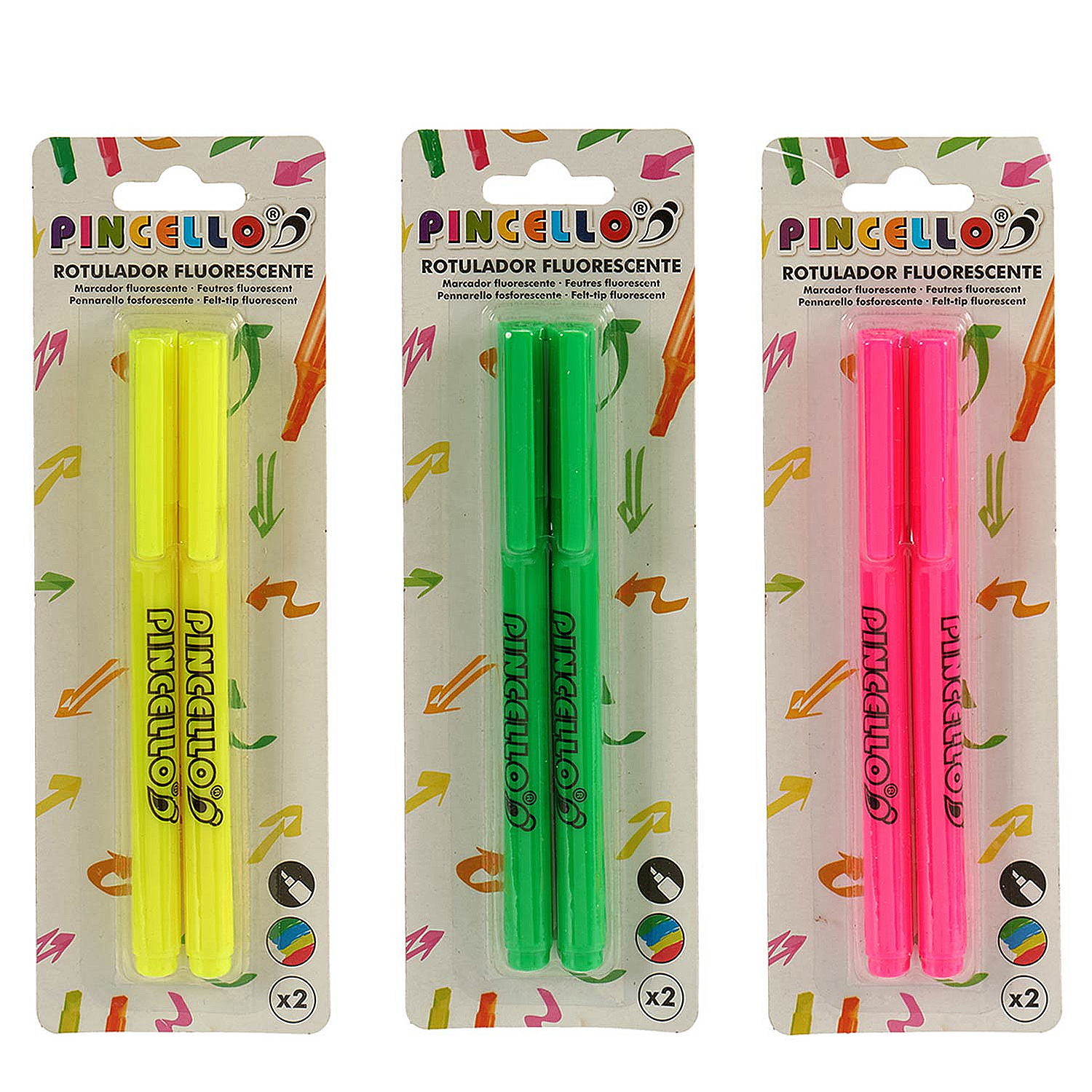 Tres paquetes de marcadores fluorescentes. Se ven marcadores amarillos, verdes y rosas, cada uno en una funda de plástico transparente con marca.