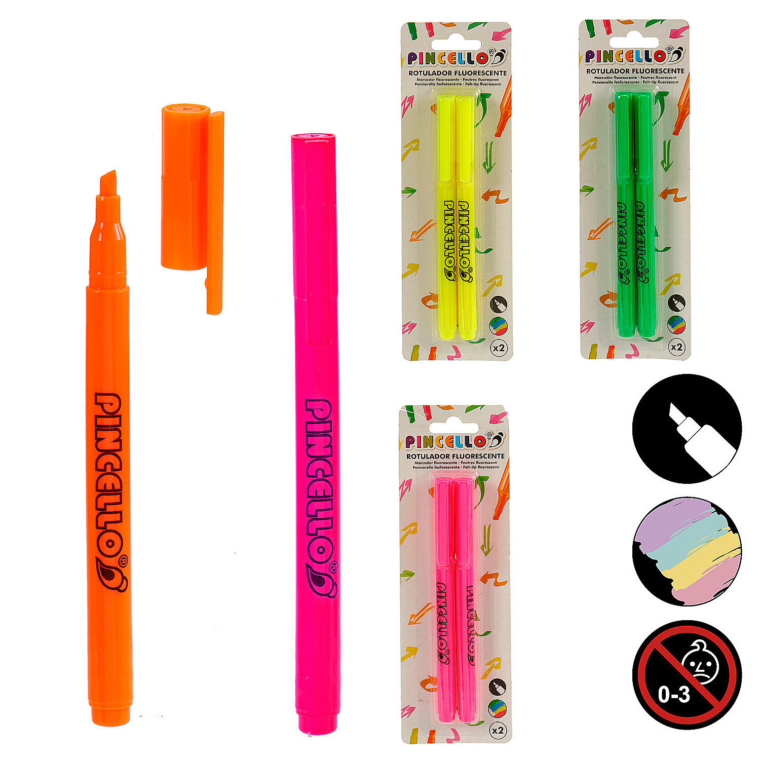 Imagen muestra marcadores fluorescentes en naranja, rosa, amarillo y verde. Algunos están empaquetados, otros abiertos. Se ven etiquetas y advertencias.
