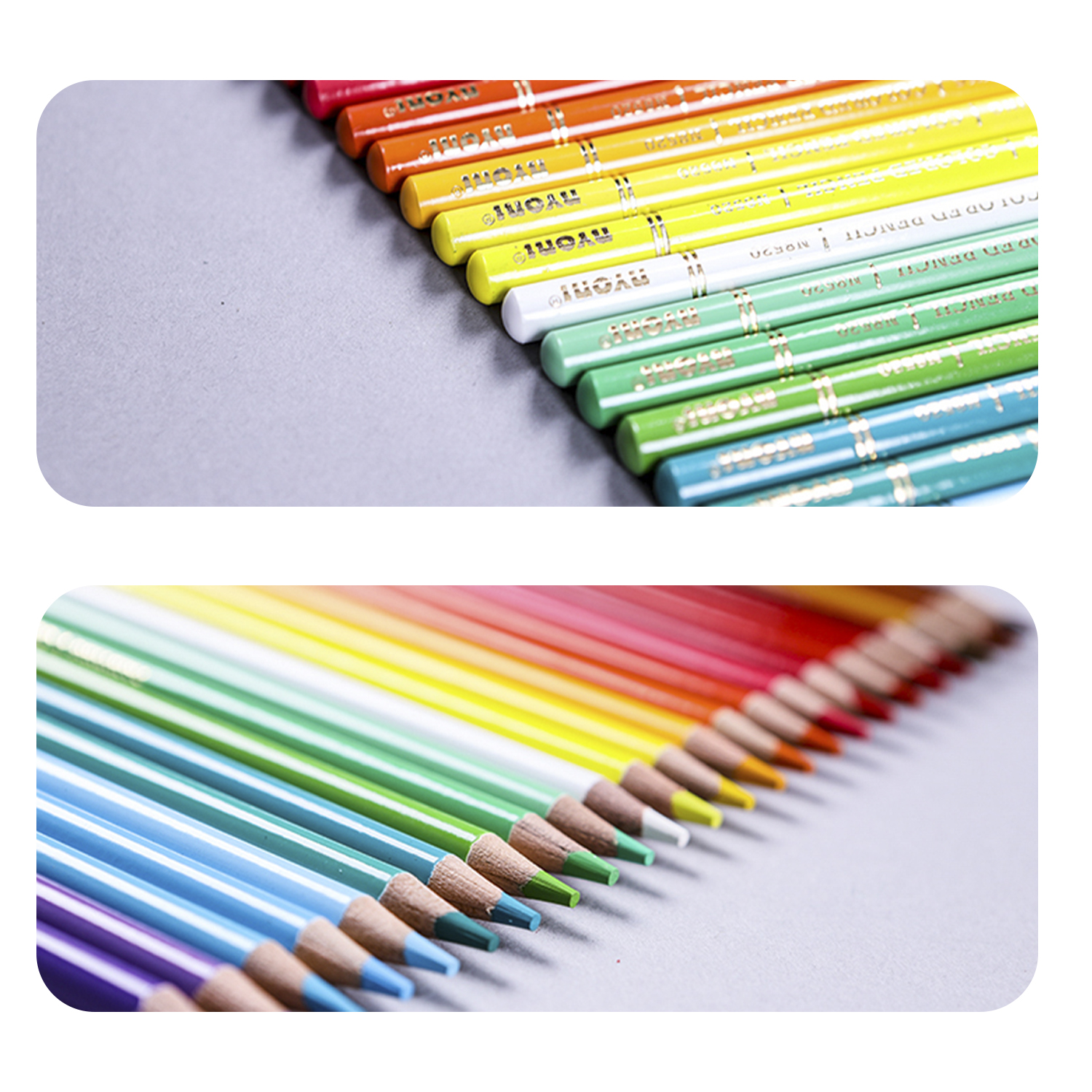 Primer plano de lápices de colores dispuestos en diagonal, mostrando un espectro de colores sobre un fondo gris.