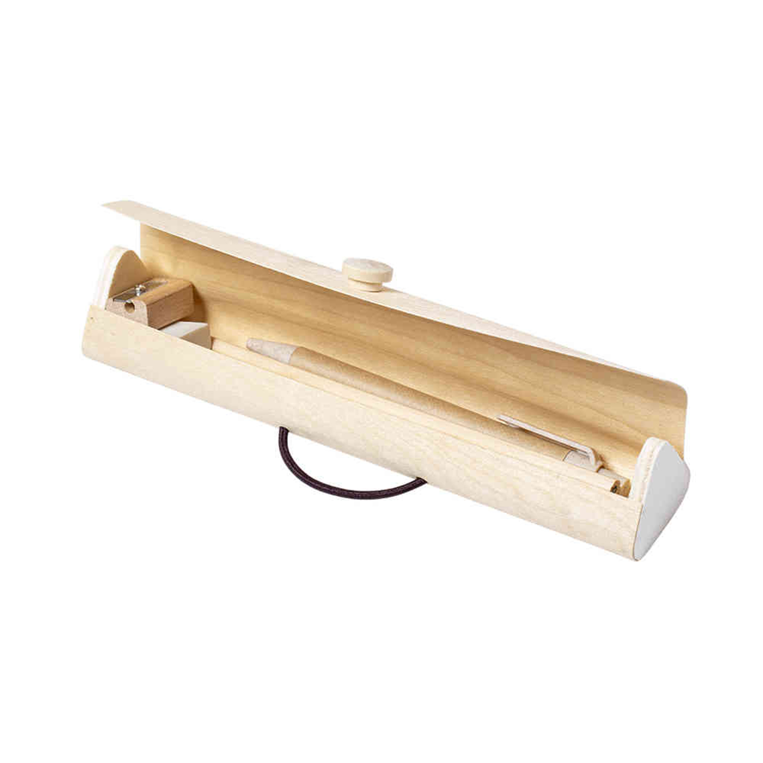 Un estuche de lápices de madera con un lápiz, un sacapuntas y un pequeño pomo de madera. El estuche está abierto, mostrando el contenido.