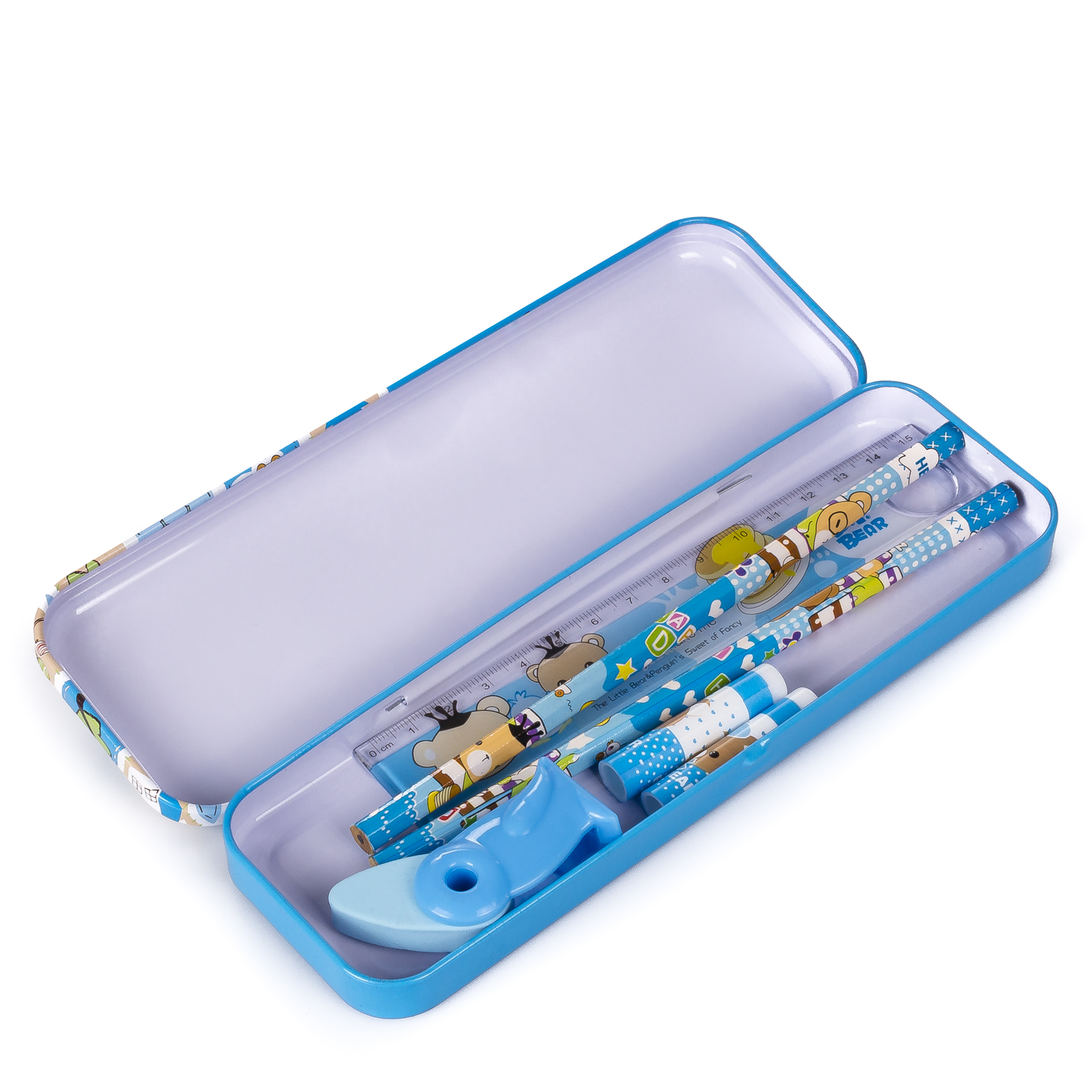 Estuche azul abierto con lápices, borrador, sacapuntas y regla. Lápices y estuche con diseños de osos y pingüinos.