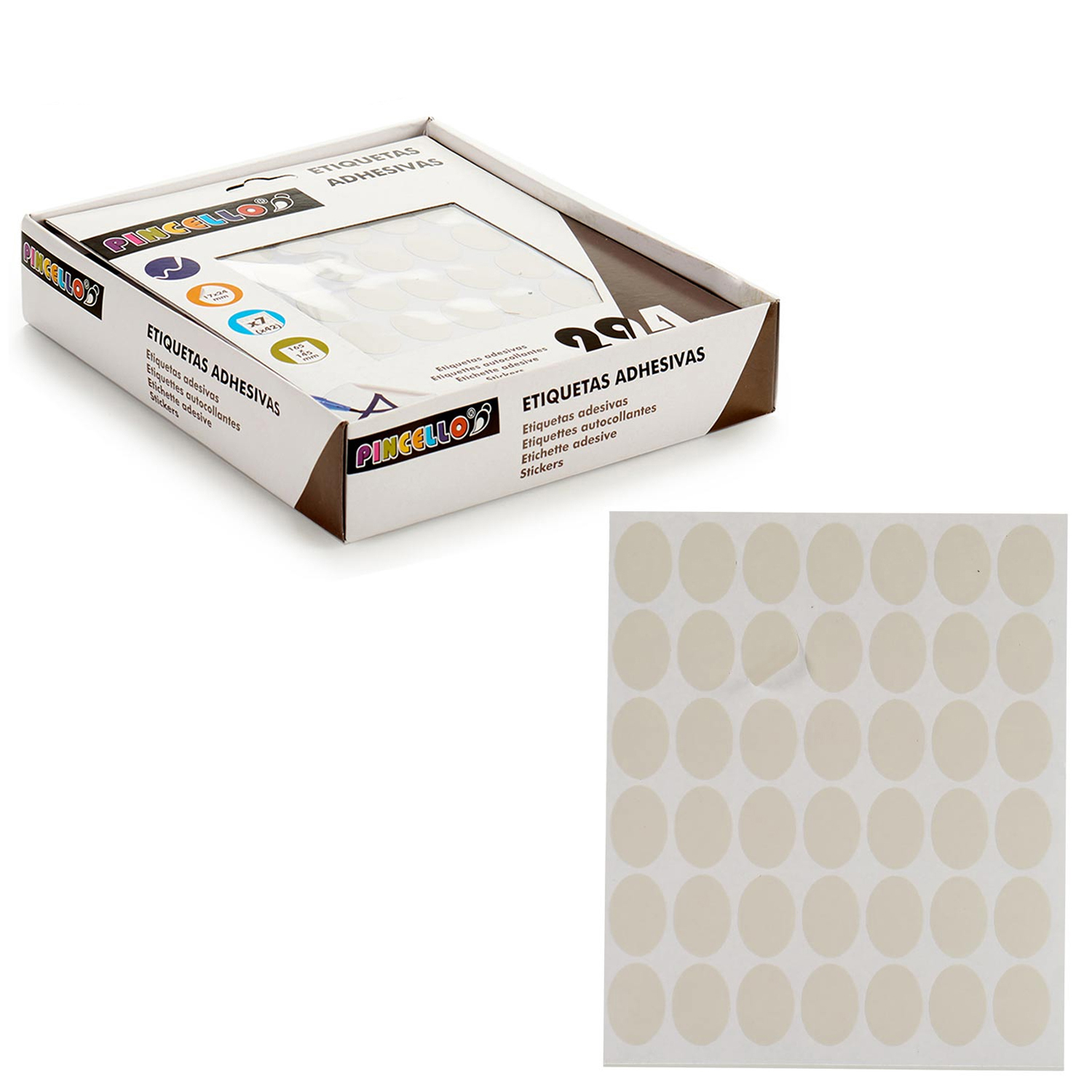 Una caja de pegatinas redondas y beige está abierta. Las pegatinas están en una hoja blanca. La caja es blanca y marrón, con texto.