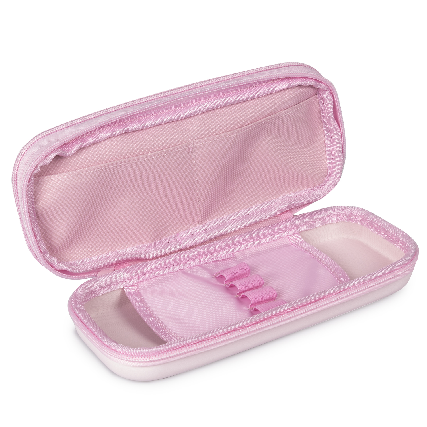 Estuche rosa abierto con compartimentos, cremallera y portabolígrafos elásticos. Está sobre una superficie blanca.