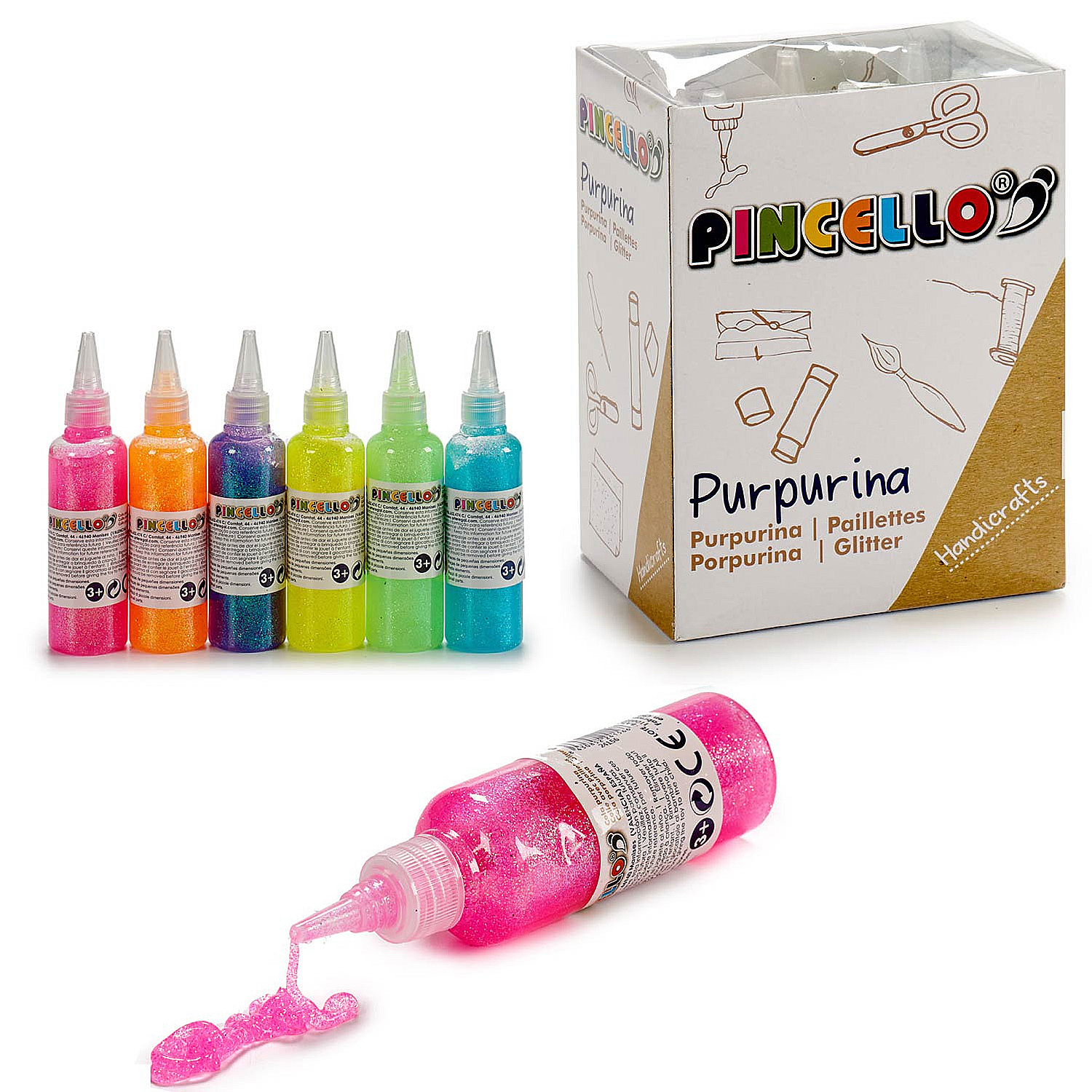 Botellas de pegamento con purpurina de varios colores, una caja y pegamento rosa derramado. La caja dice 'Purpurina Glitter'.