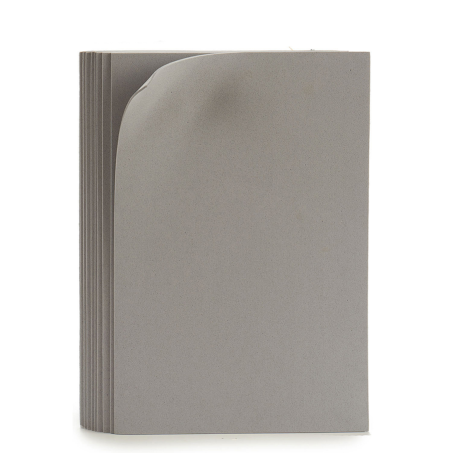 Un libro gris abierto con páginas visibles. La cubierta es gris sólido. El fondo es blanco.