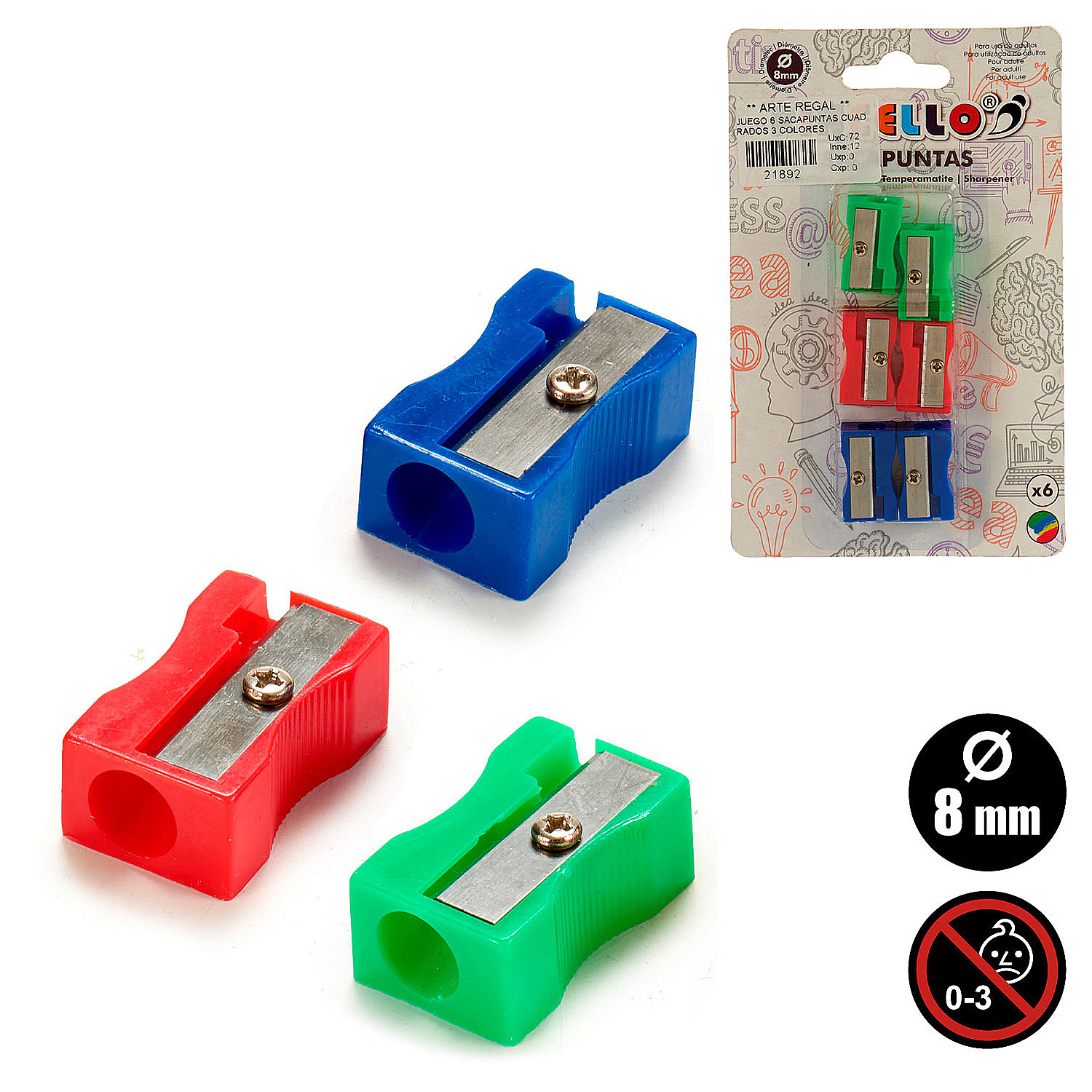 Tres sacapuntas: rojo, verde y azul. Un paquete con seis sacapuntas y una señal de advertencia para edades de 0 a 3 años.