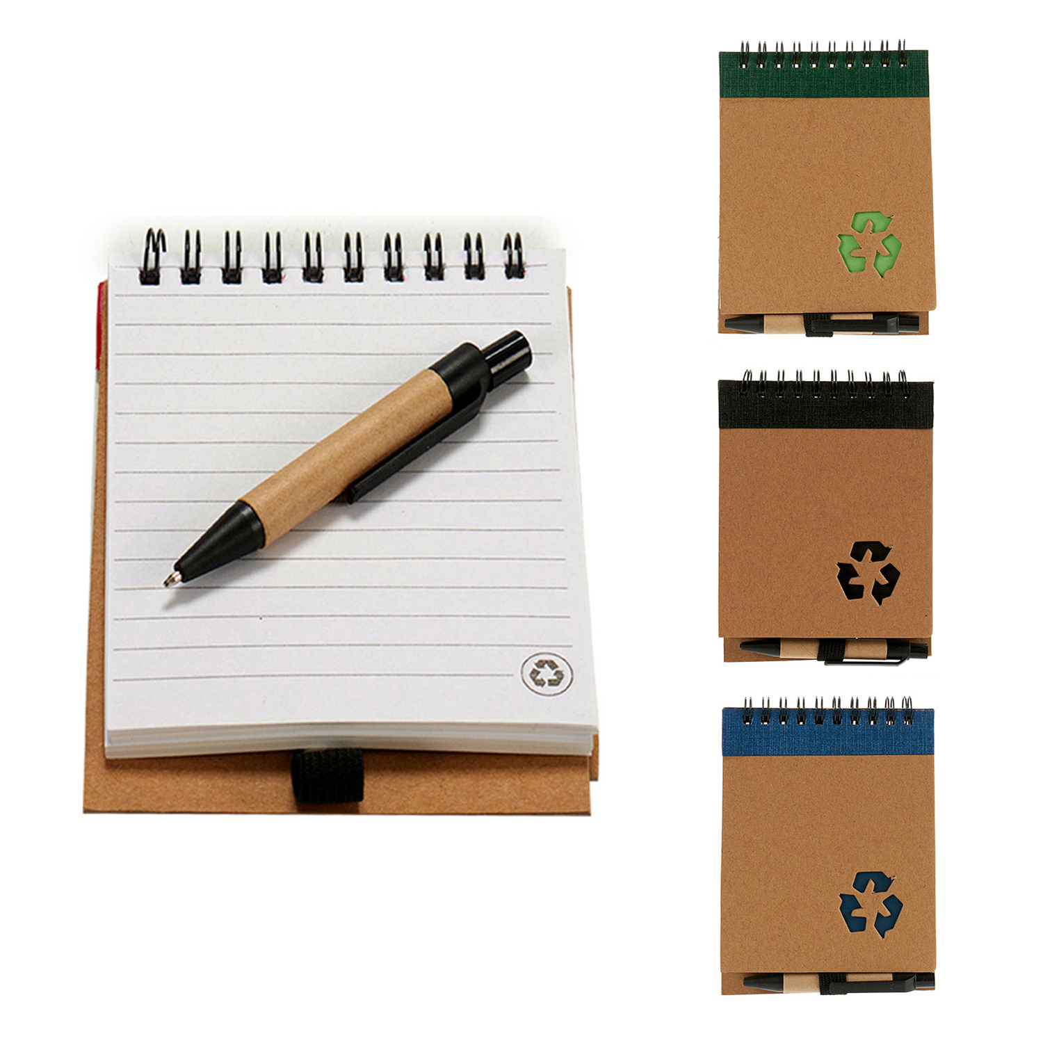 Cuaderno con bolígrafo. Tapa marrón, papel rayado blanco. Otros tres cuadernos con logotipo de reciclaje, diferentes colores.
