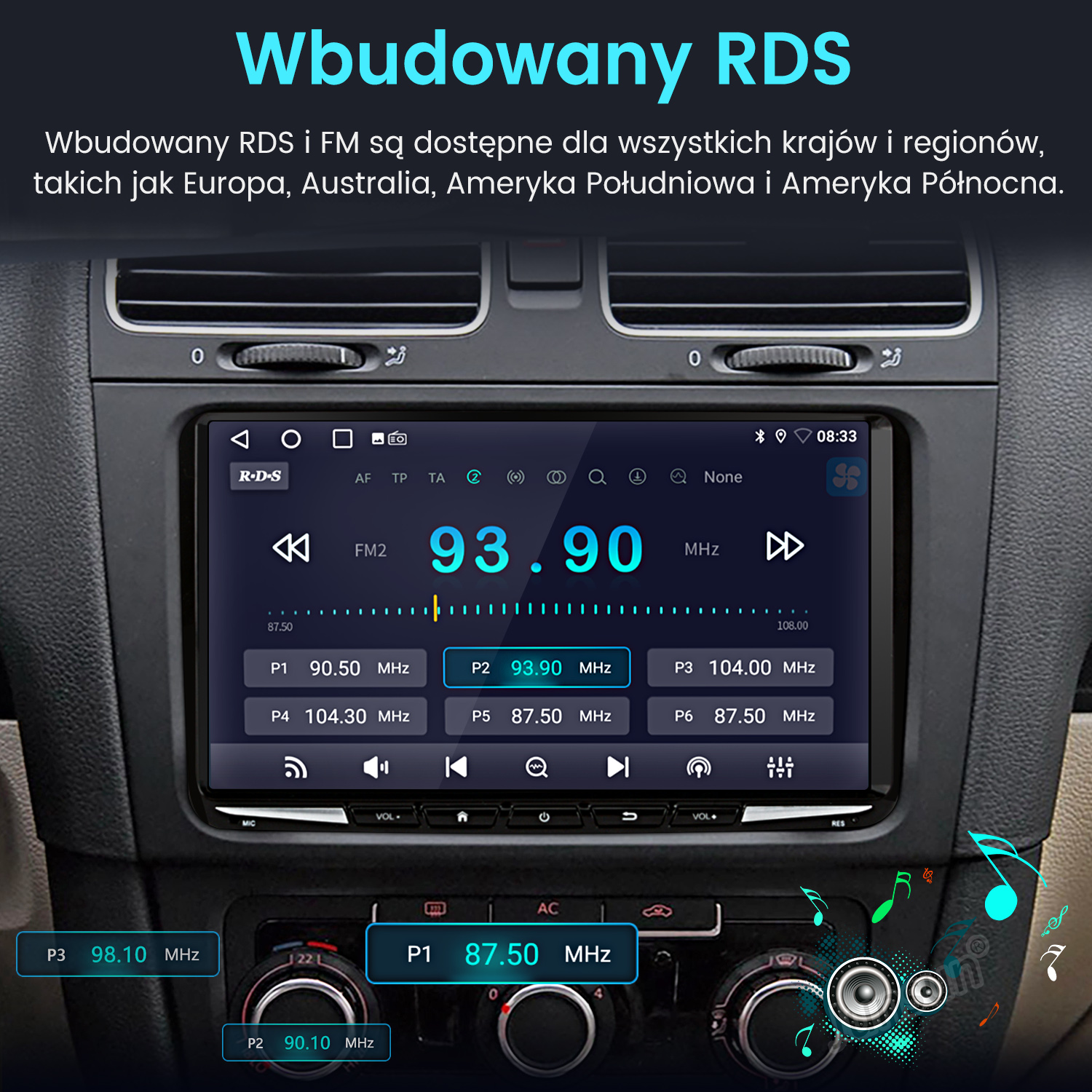 Radio samochodowe z wyświetlaczem cyfrowym pokazującym 93,90 MHz. Widoczne przyciski i pokrętła oraz tekst w języku polskim.