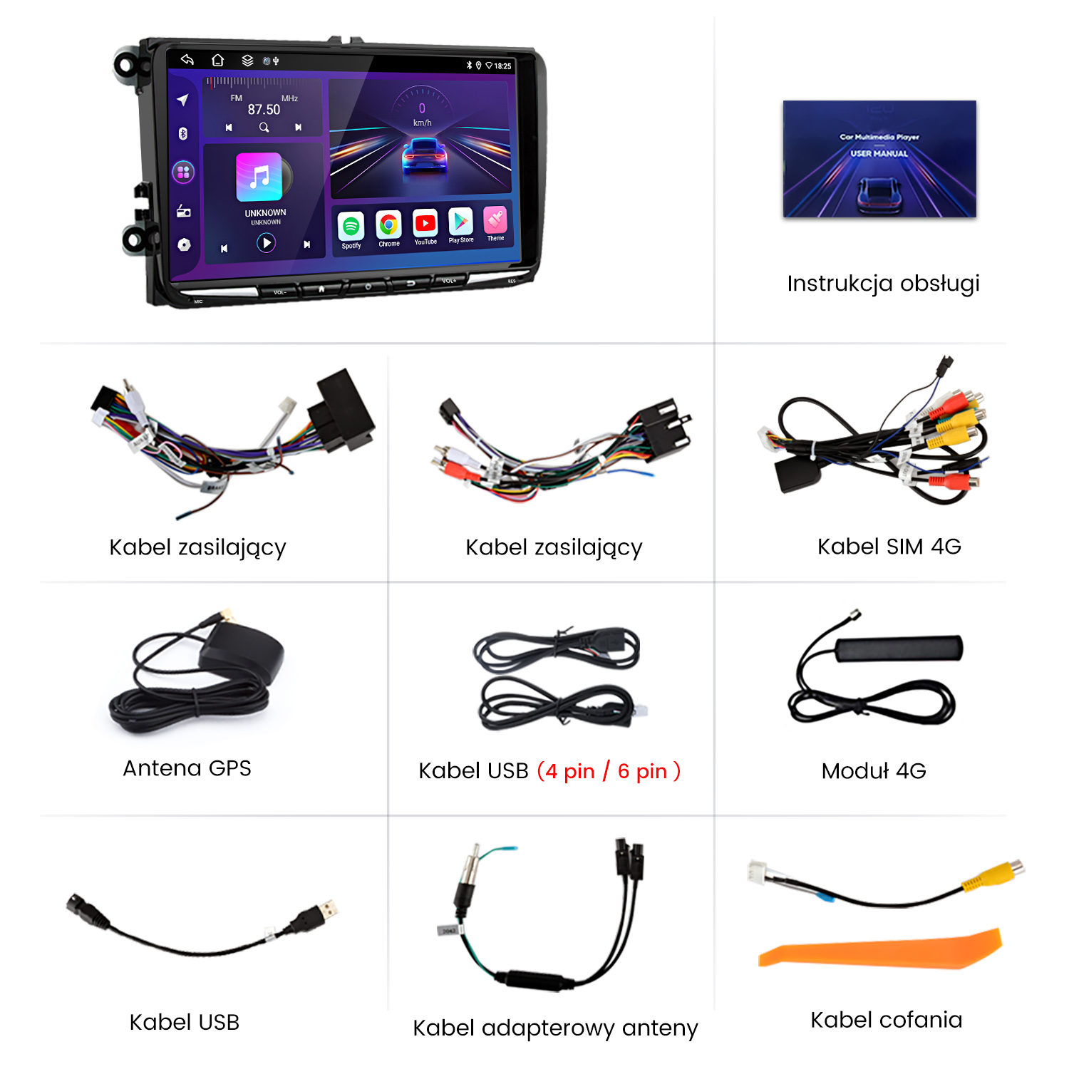 Odtwarzacz multimedialny do samochodu z kablami, anteną GPS, instrukcją i ekranem z informacjami.