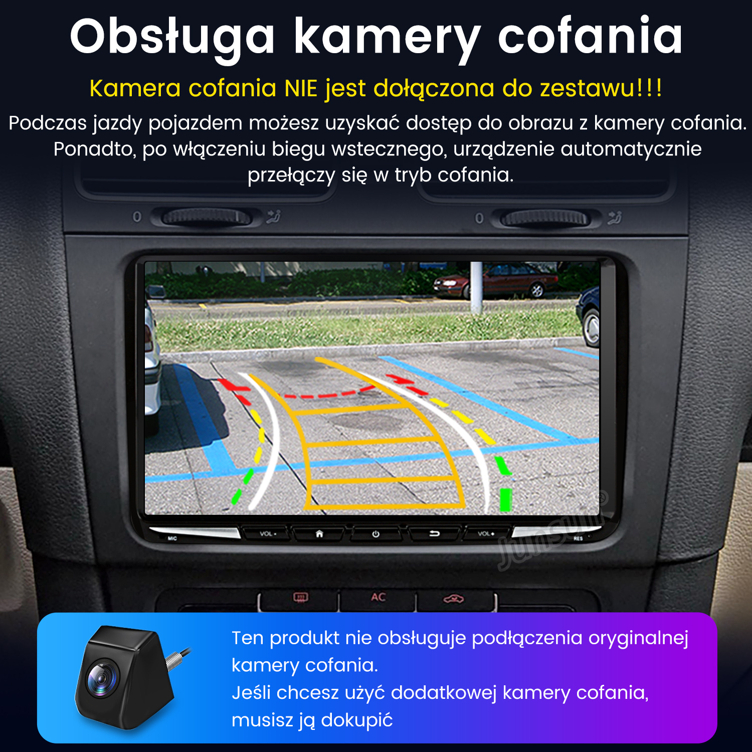 Ekran deski rozdzielczej samochodu wyświetlający widok parkingu z kamery cofania. Obraz wnętrza samochodu.