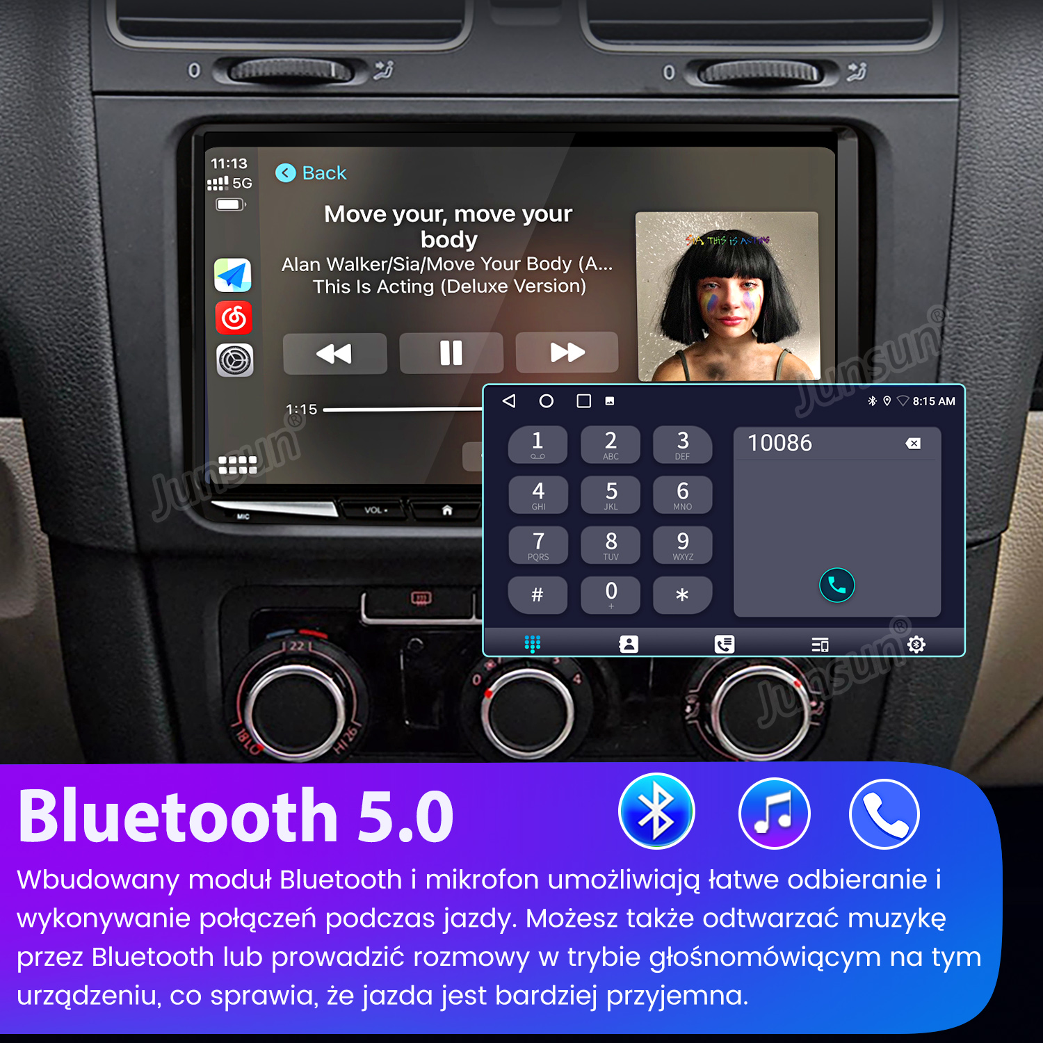 Radio samochodowe z muzyką, klawiaturą numeryczną i informacjami Bluetooth 5.0. Wyświetla wizerunek kobiety i kontrolki.