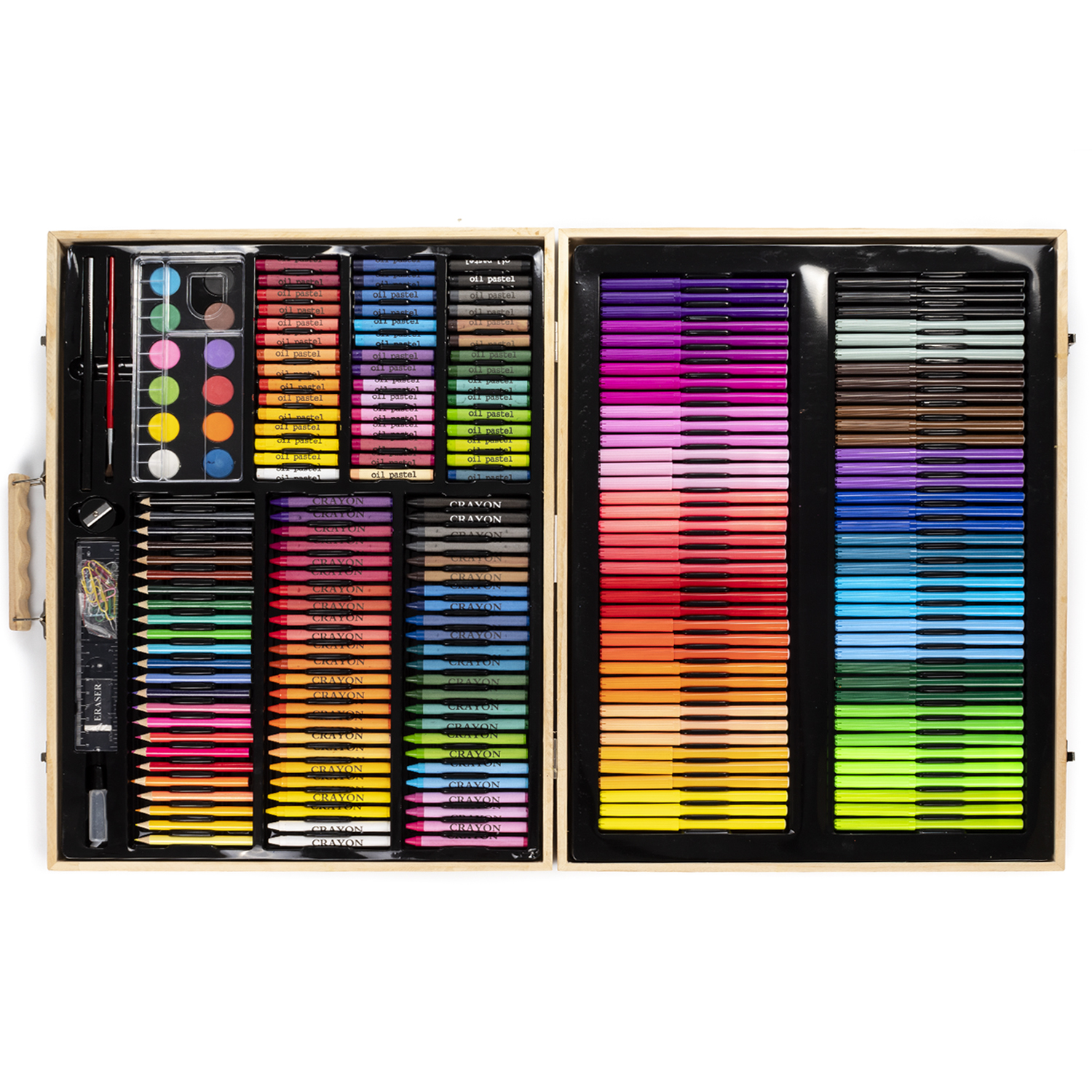 Juego de arte de madera abierto, que muestra lápices de colores, marcadores, pasteles al óleo, pintura, pinceles y otros materiales de arte. Un arcoíris de colores es visible.