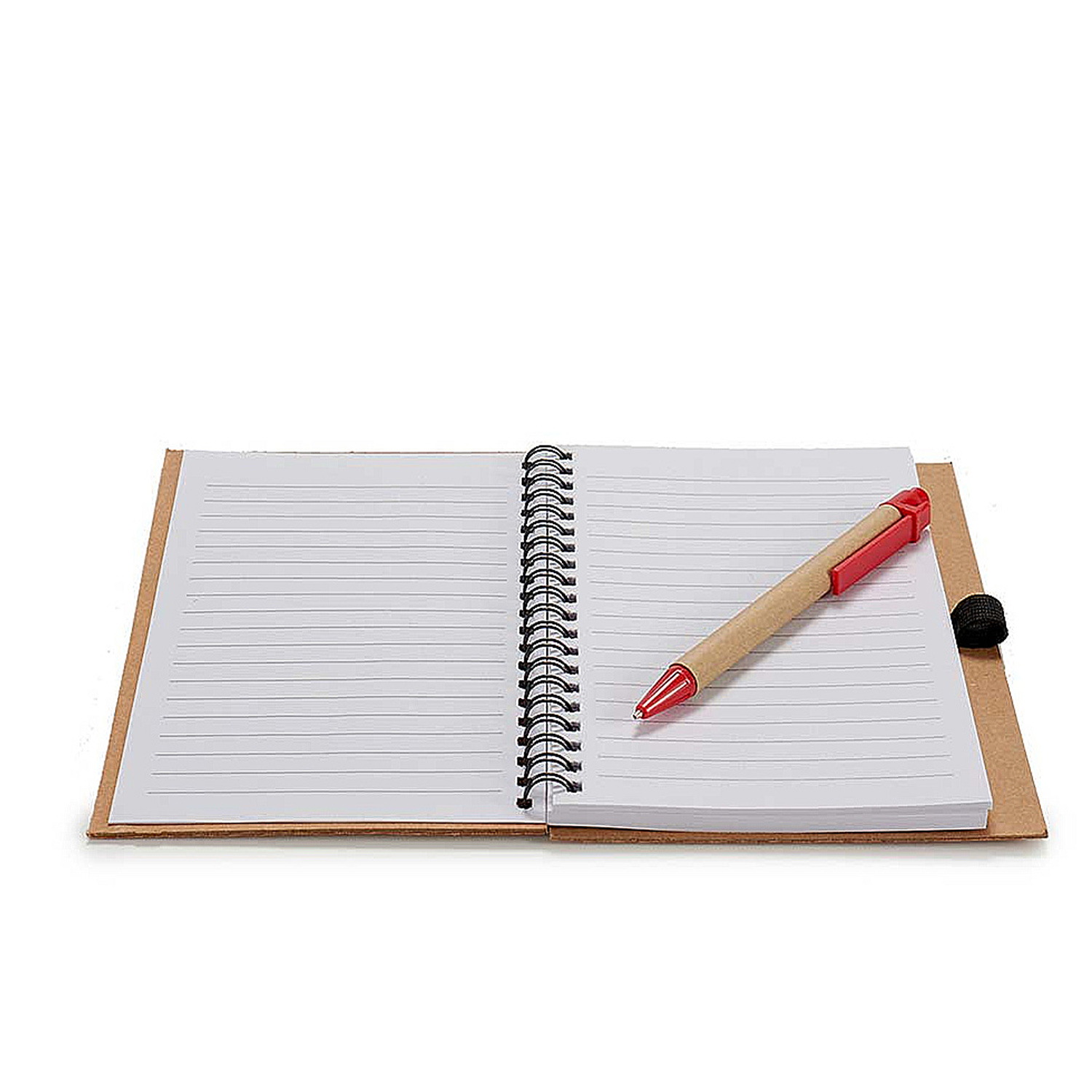 Offenes Notizbuch mit linierten Seiten, braunem Umschlag und einem Stift mit roter Kappe. Der Stift liegt auf den Seiten. Schwarzes Gummiband.