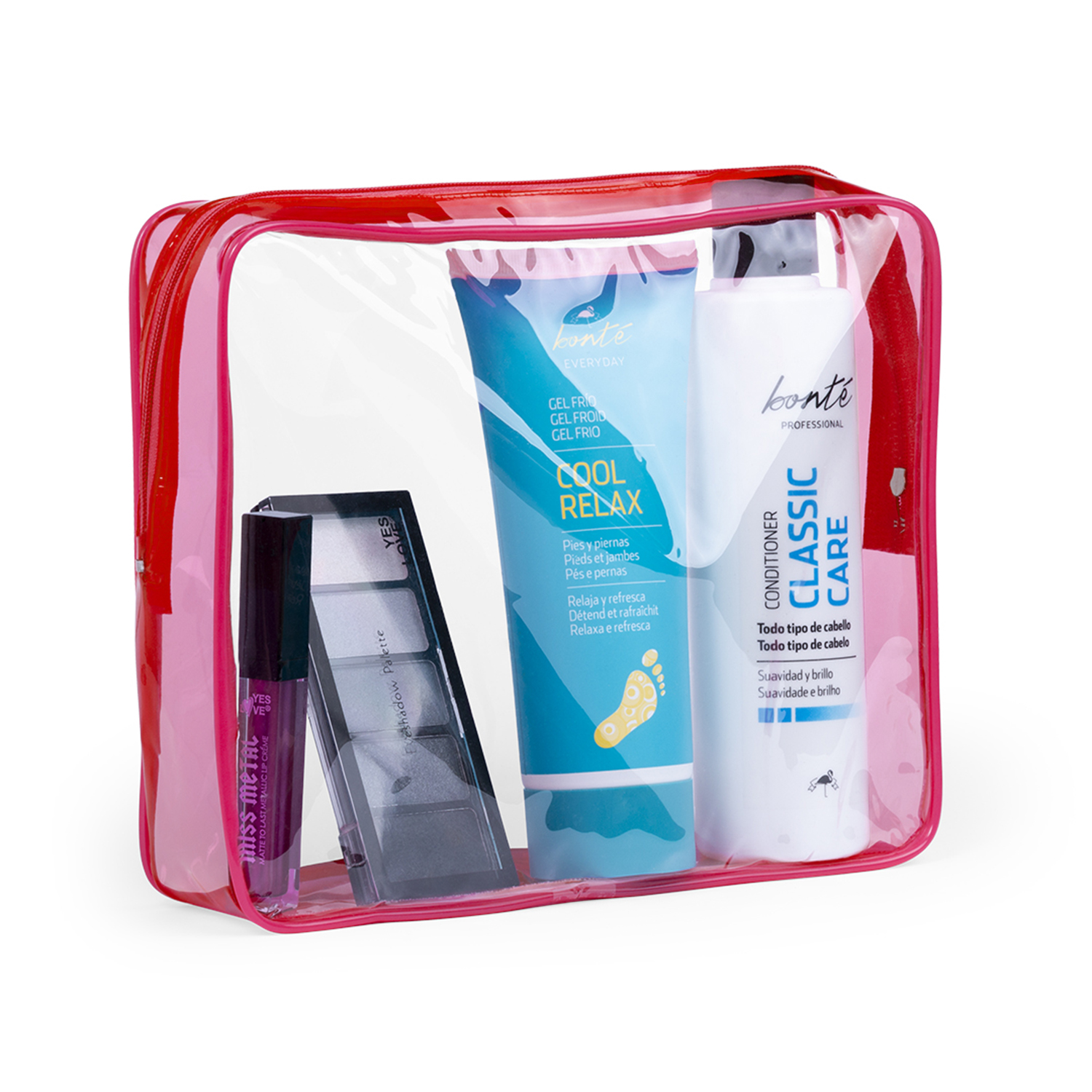 Una borsa cosmetica trasparente contiene trucchi come lucidalabbra e ombretto, e prodotti per la cura della pelle come gel e balsamo.