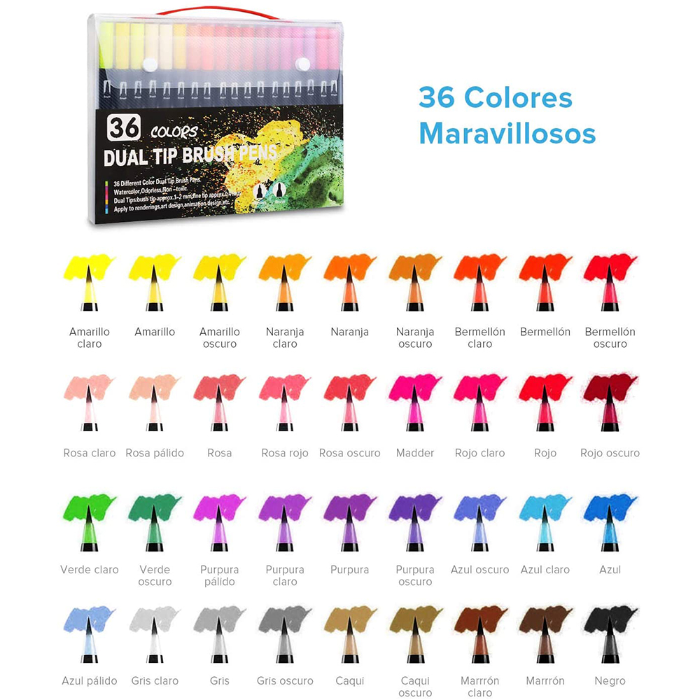 Un juego de 36 rotuladores de doble punta en varios colores. Se muestran con muestras de color y el embalaje.