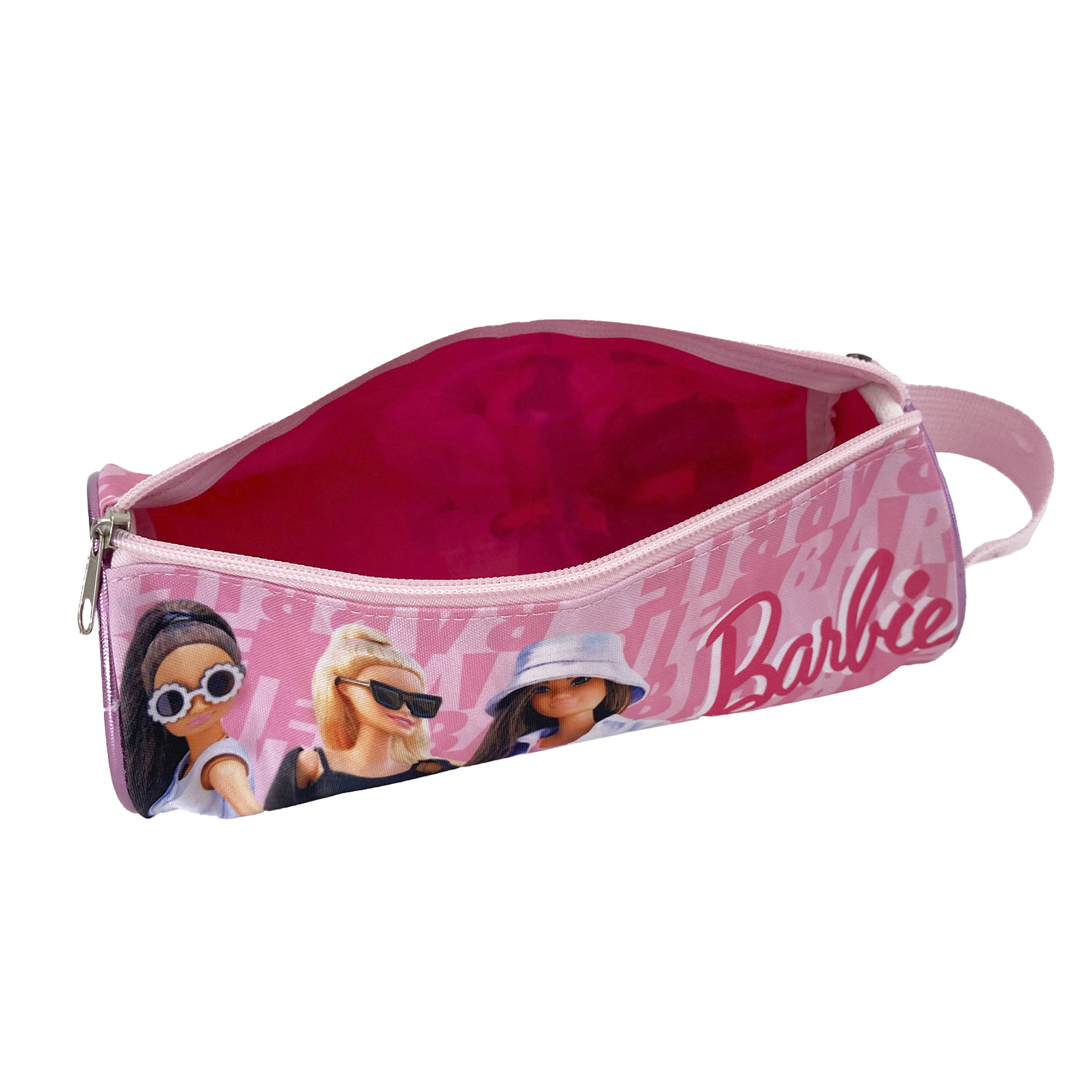 Estuche rosa de Barbie, abierto, con tres muñecas con gafas de sol. Logotipo de Barbie en el lateral.