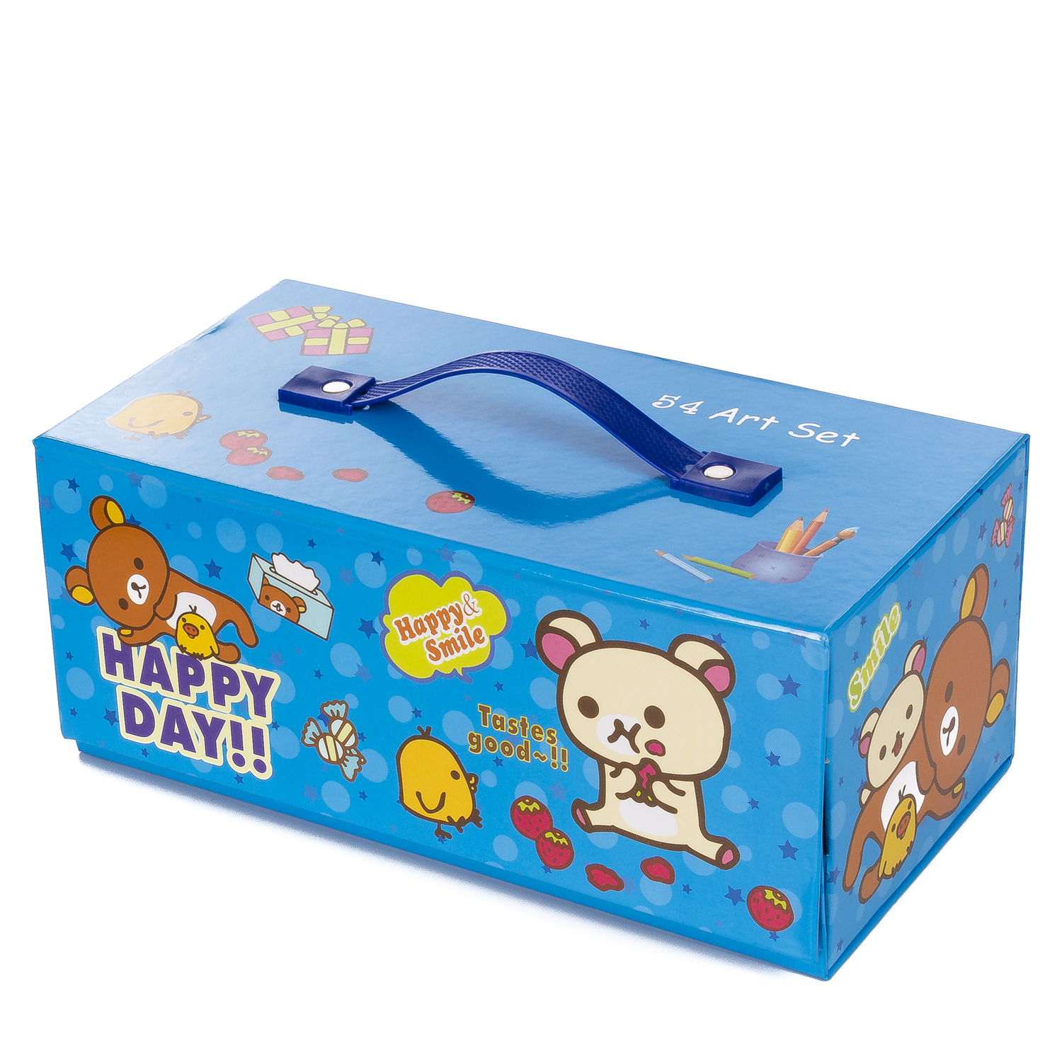 Una caja azul de juego de arte con personajes de dibujos animados, texto 'Happy Day', 'Happy & Smile' y '54 Art Set'. Tiene un asa azul.