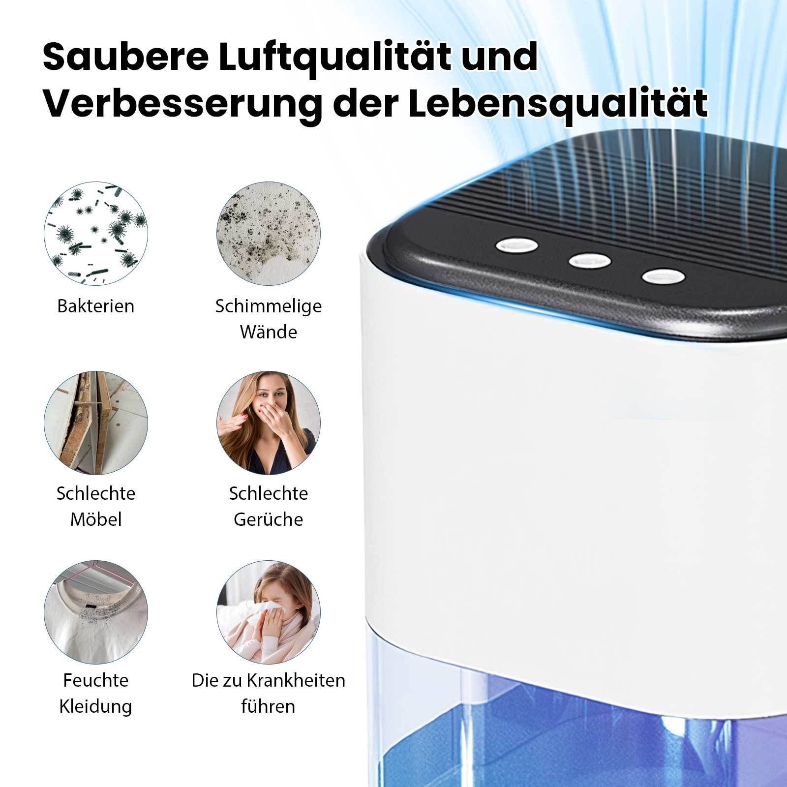 Das Bild zeigt einen Luftreiniger mit Textbeschriftungen zur Luftqualität. Enthält Bakterien, Schimmel, Gerüche und Allergiker.