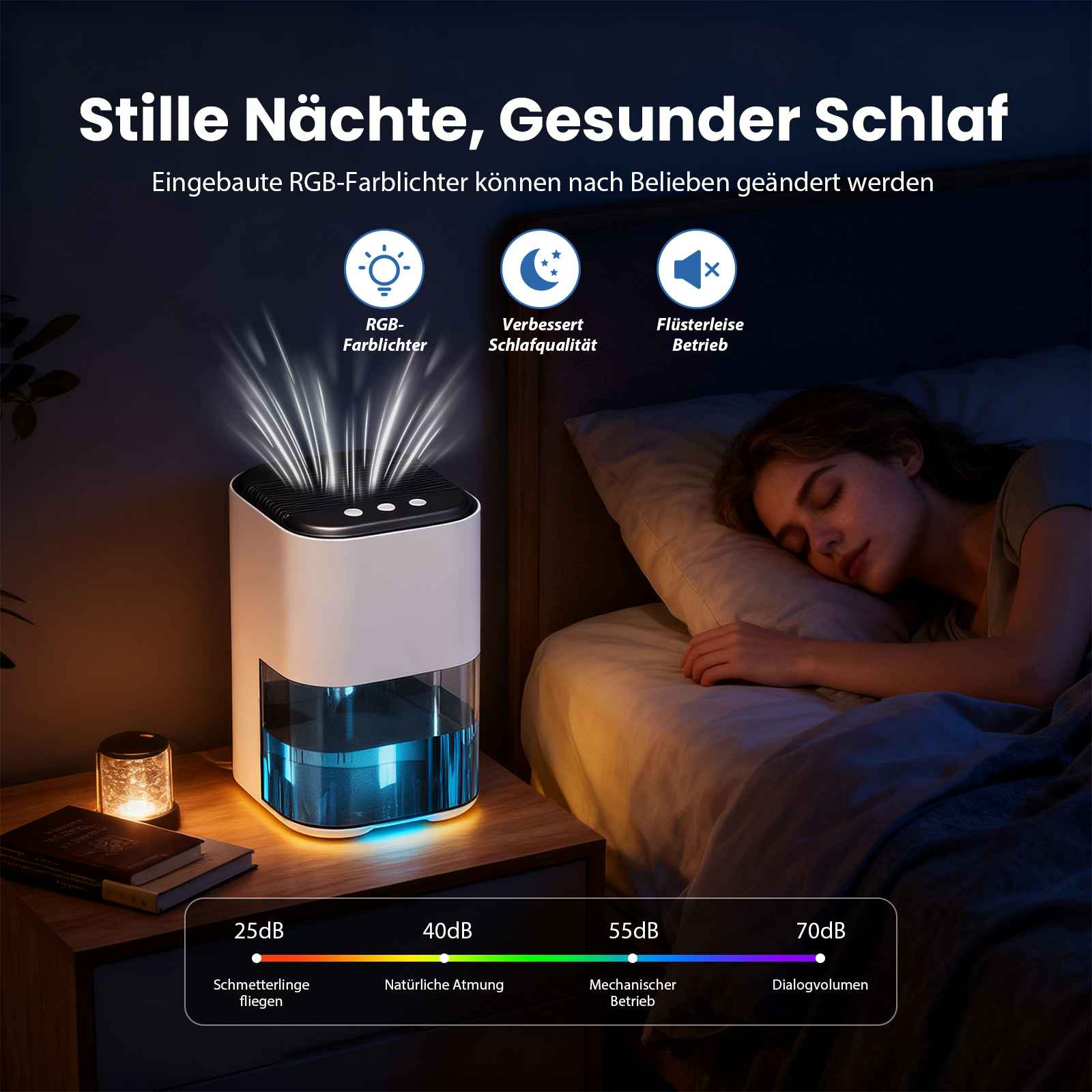 Eine Frau schläft in der Nähe eines Luftbefeuchters mit bunten Lichtern. Text auf dem Bild liefert Produktinformationen.