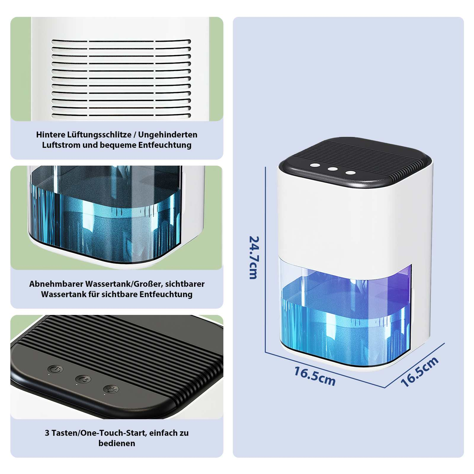 Ein weißer und schwarzer Luftentfeuchter mit Wassertank. Abmessungen sind angegeben. Details zu den Luftschlitzen und Knöpfen sind gezeigt.