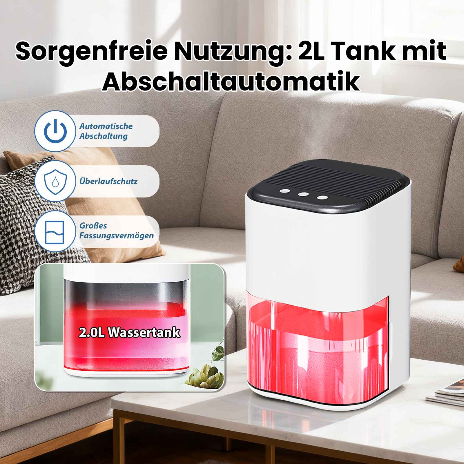 Ein weiß-schwarzer Luftbefeuchter mit rotem Wassertank auf einem weißen Tisch. Text auf Deutsch.