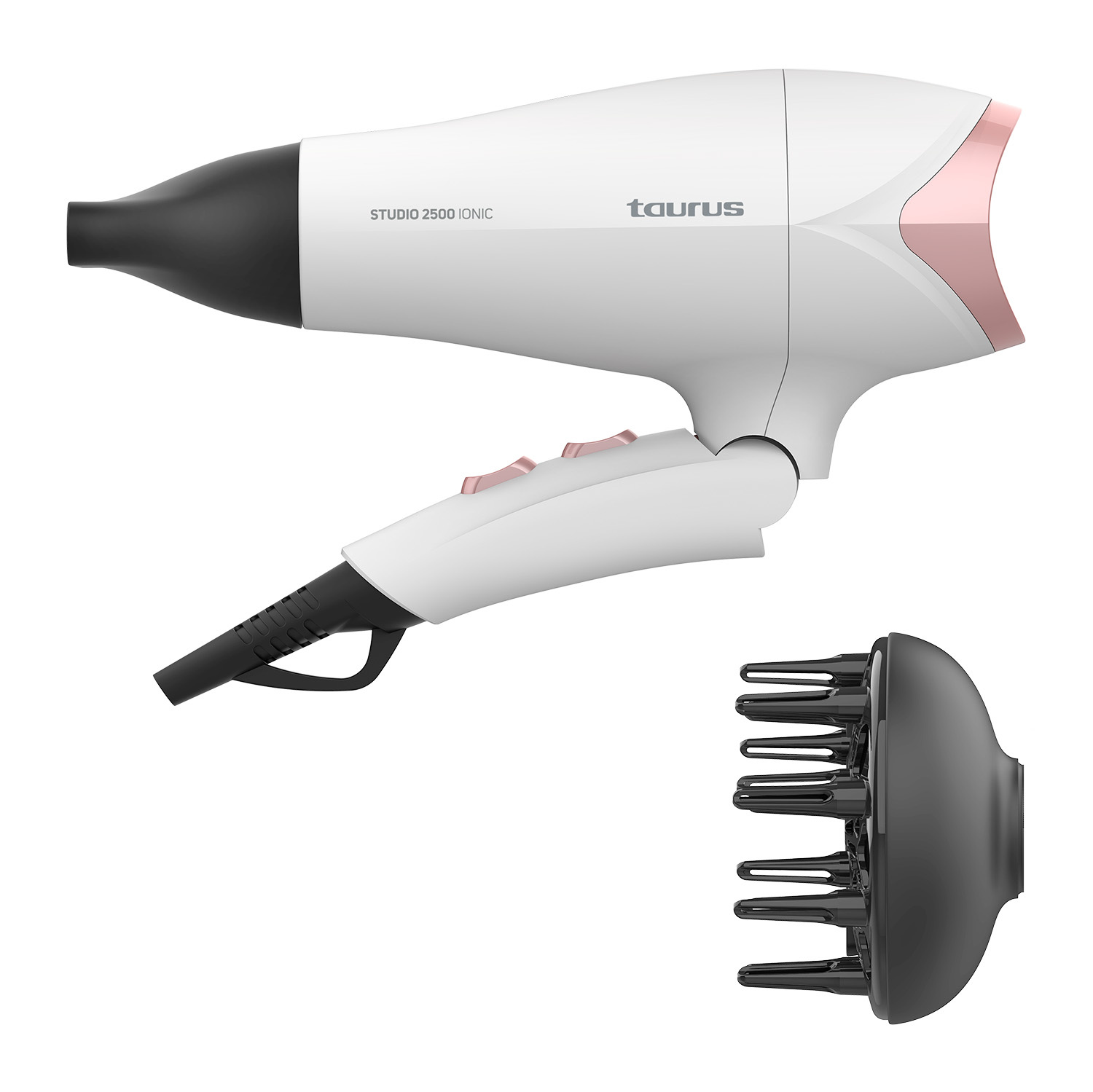 Biała i różowo-złota suszarka do włosów z czarną dyszą i oddzielnym czarnym dyfuzorem na białym tle.
