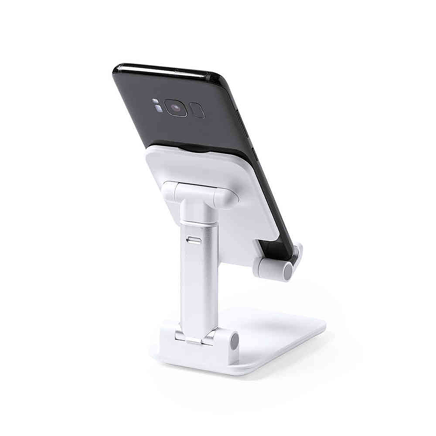 Un soporte blanco para teléfono que sostiene un teléfono inteligente negro. El soporte está sobre una superficie blanca, inclinado para su visualización.