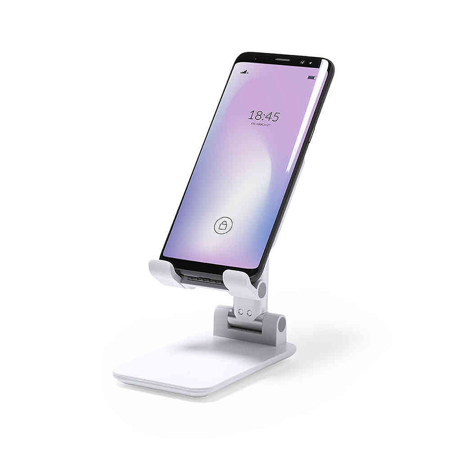 Un soporte blanco para teléfono que sostiene un teléfono inteligente negro. La pantalla muestra la hora 18:45. Fondo blanco.