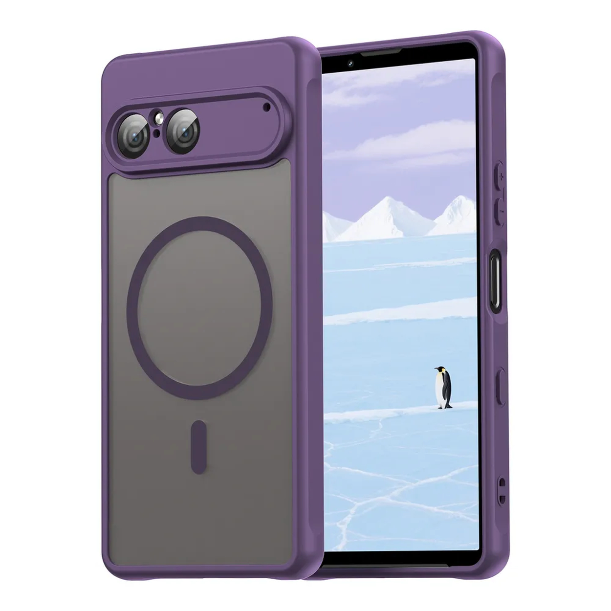 Paarse telefoonhoes met twee camera's. Telefoon toont een pinguïn op ijs. Achtergrond toont besneeuwde bergen.