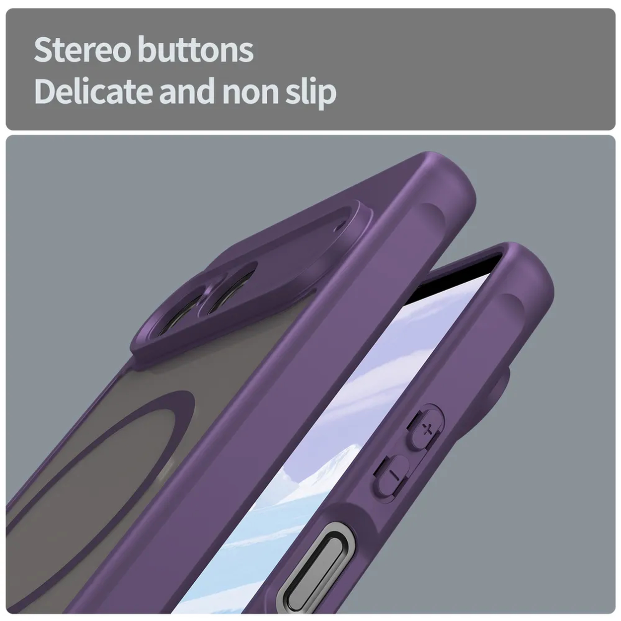 Close-up van een paarse telefoonhoes met stereoknoppen, delicaat en antislip. Het telefoonscherm is zichtbaar.