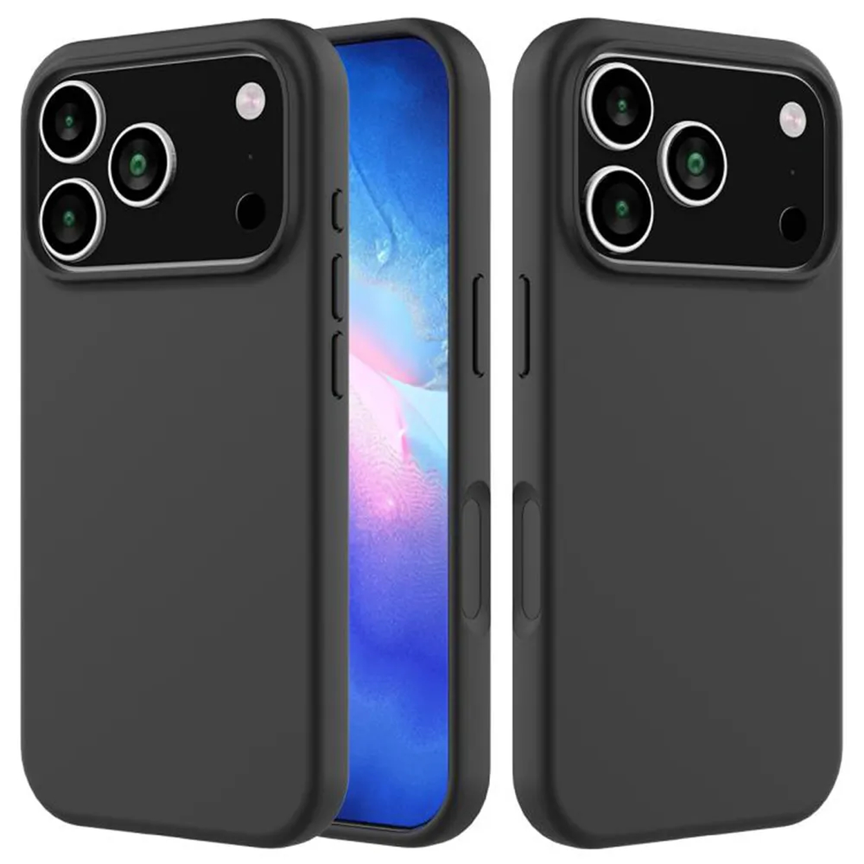 Drie zwarte telefoonhoesjes met camera-uitsparingen. Eén heeft een blauw scherm zichtbaar. De hoesjes staan op witte achtergrond.