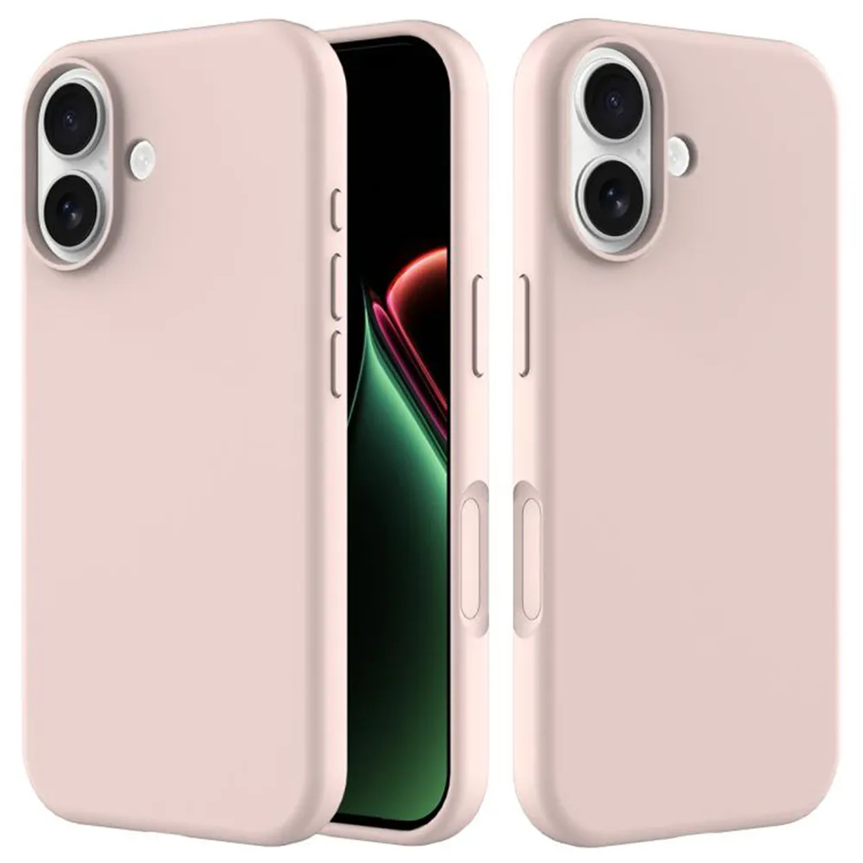 Roze telefoonhoesjes. Eén open, onthult een telefoonscherm. Dubbele camera op de hoesjes. Het scherm is zichtbaar.