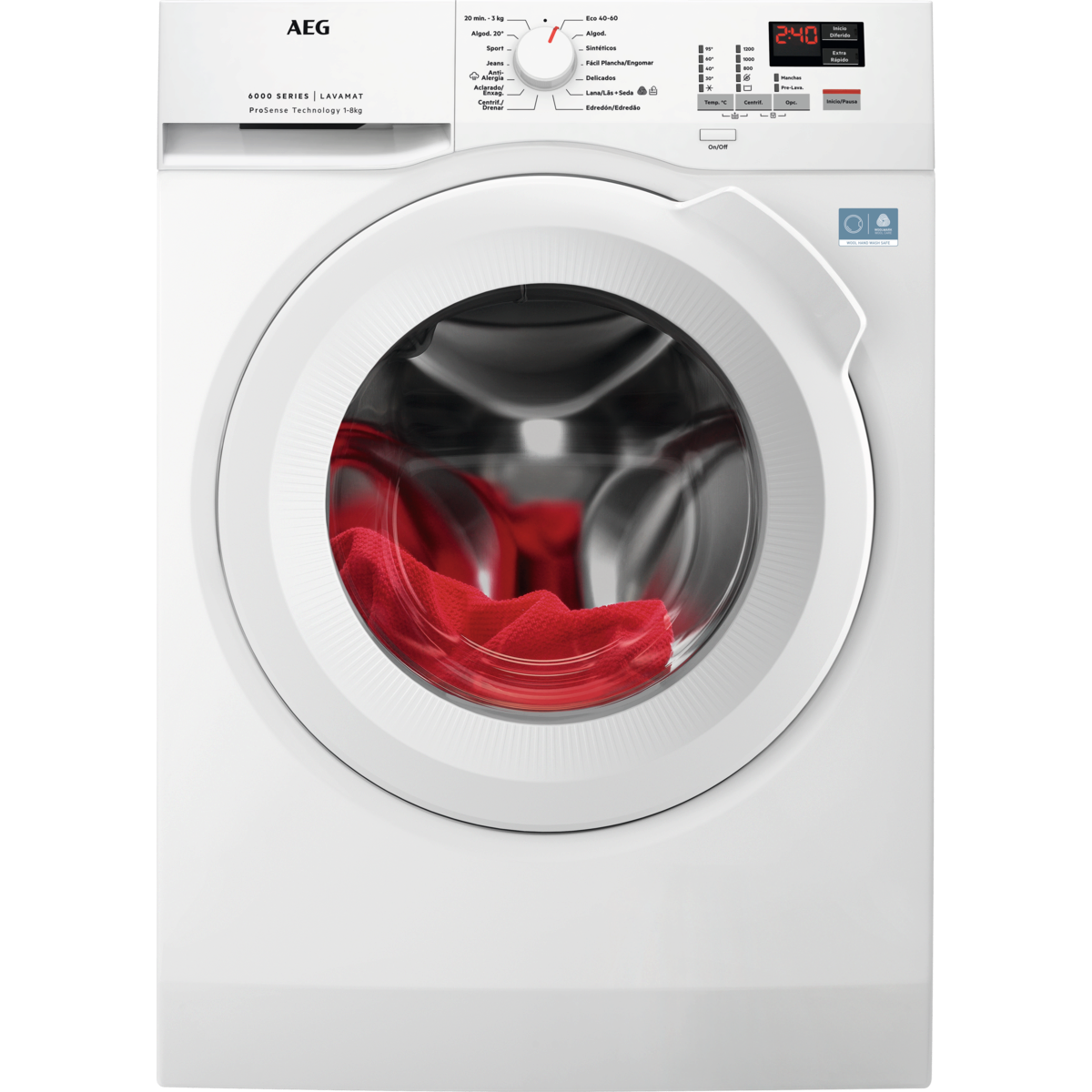 Una lavadora AEG blanca. El tambor contiene tela roja. Los controles incluyen un dial, una pantalla digital y varios botones.
