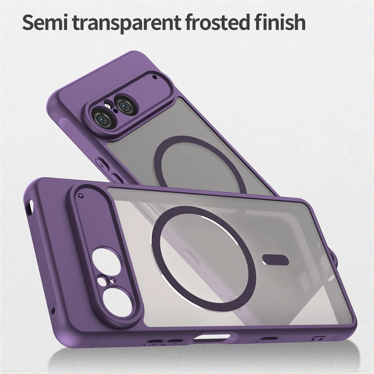 Twee paarse telefoonhoesjes met een semi-transparante matte afwerking. Elke hoes heeft een uitsparing voor de camera en een helder midden.
