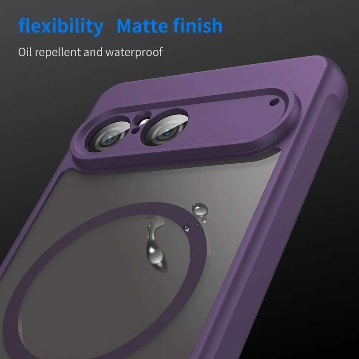 Paarse telefoonhoes met camera-uitsparingen en waterdruppels. Kenmerken: flexibiliteit, matte afwerking, olieafstotend en waterdicht.